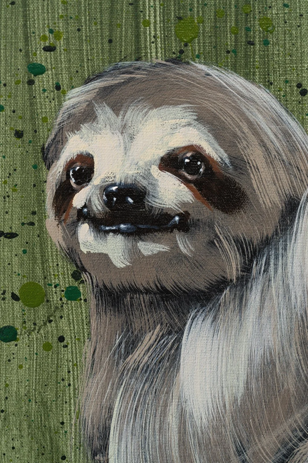 Zoomed-in section of a sloth’s flowing fur and face rendered with loose, expressive brushstrokes in a modern wildlife artwork by New York City based painter Josh Brown.