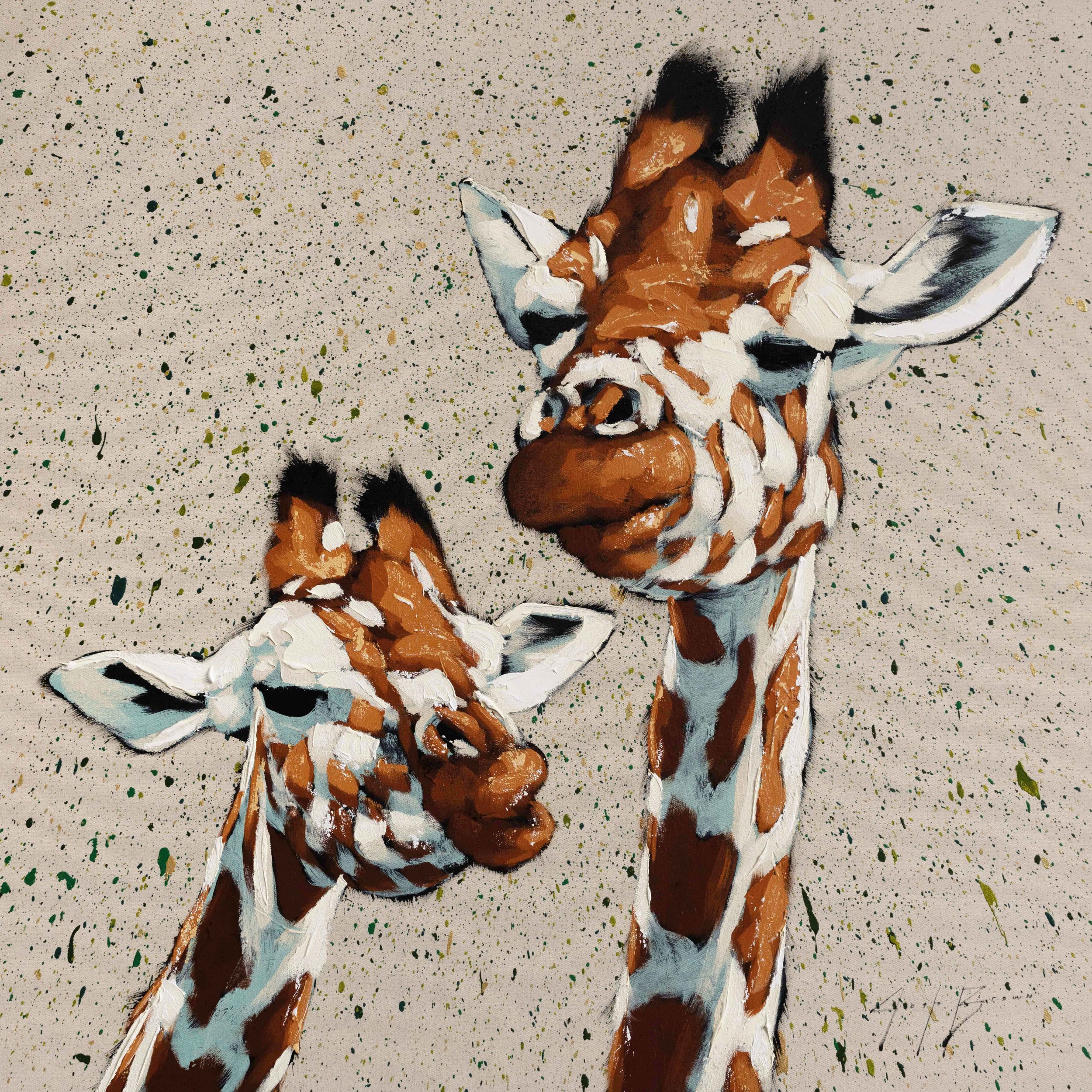 Original acrylic painting of two giraffes rendered in warm ochre and white tones against a softly speckled background, featuring expressive brushwork and gentle movement. Contemporary wildlife fine art for collectors seeking refined, modern artwork.