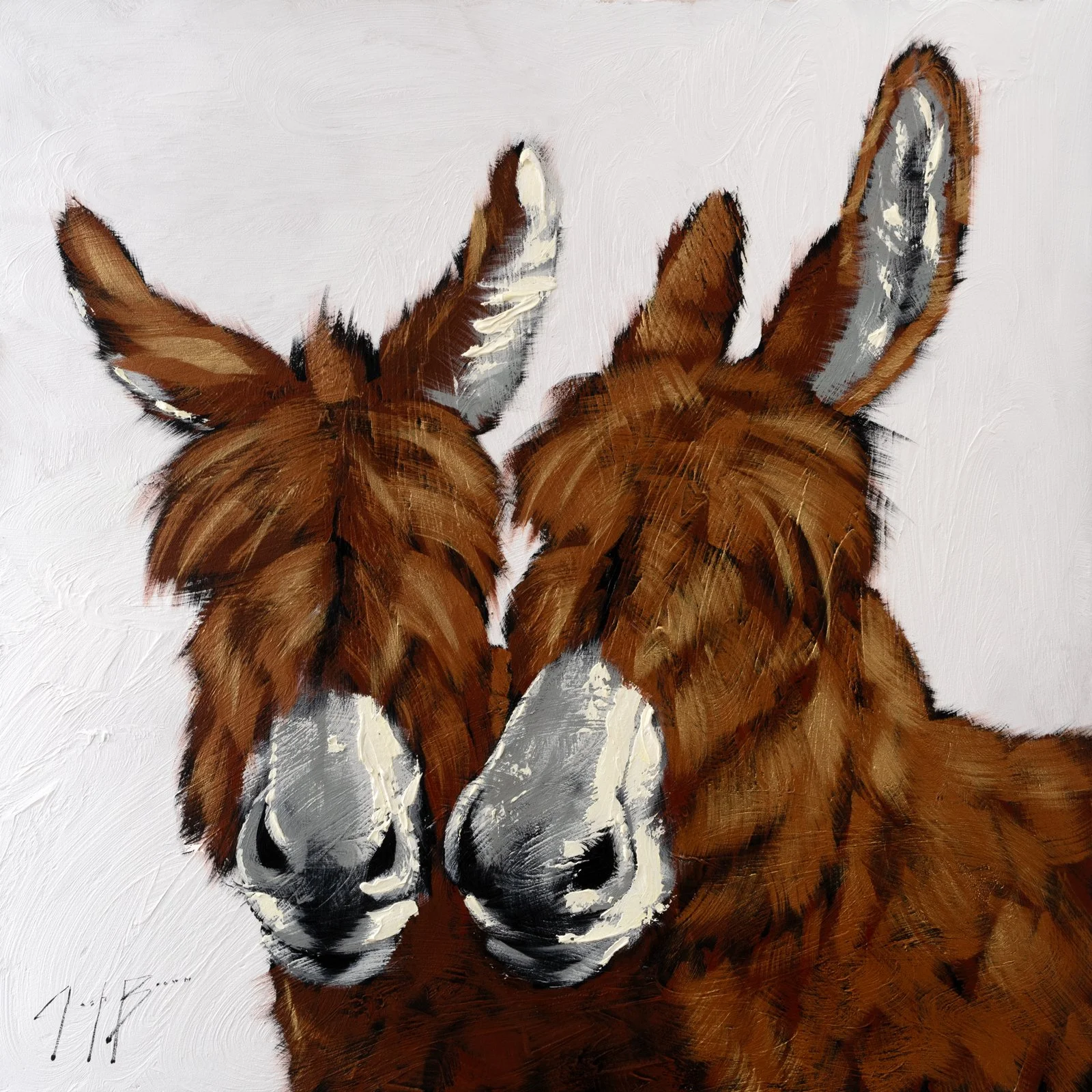 Original acrylic painting of a red donkeys set against a soft background of layered white streaks, rendered with expressive, textured brushwork. Contemporary wildlife fine art for collectors seeking refined, modern paintings.