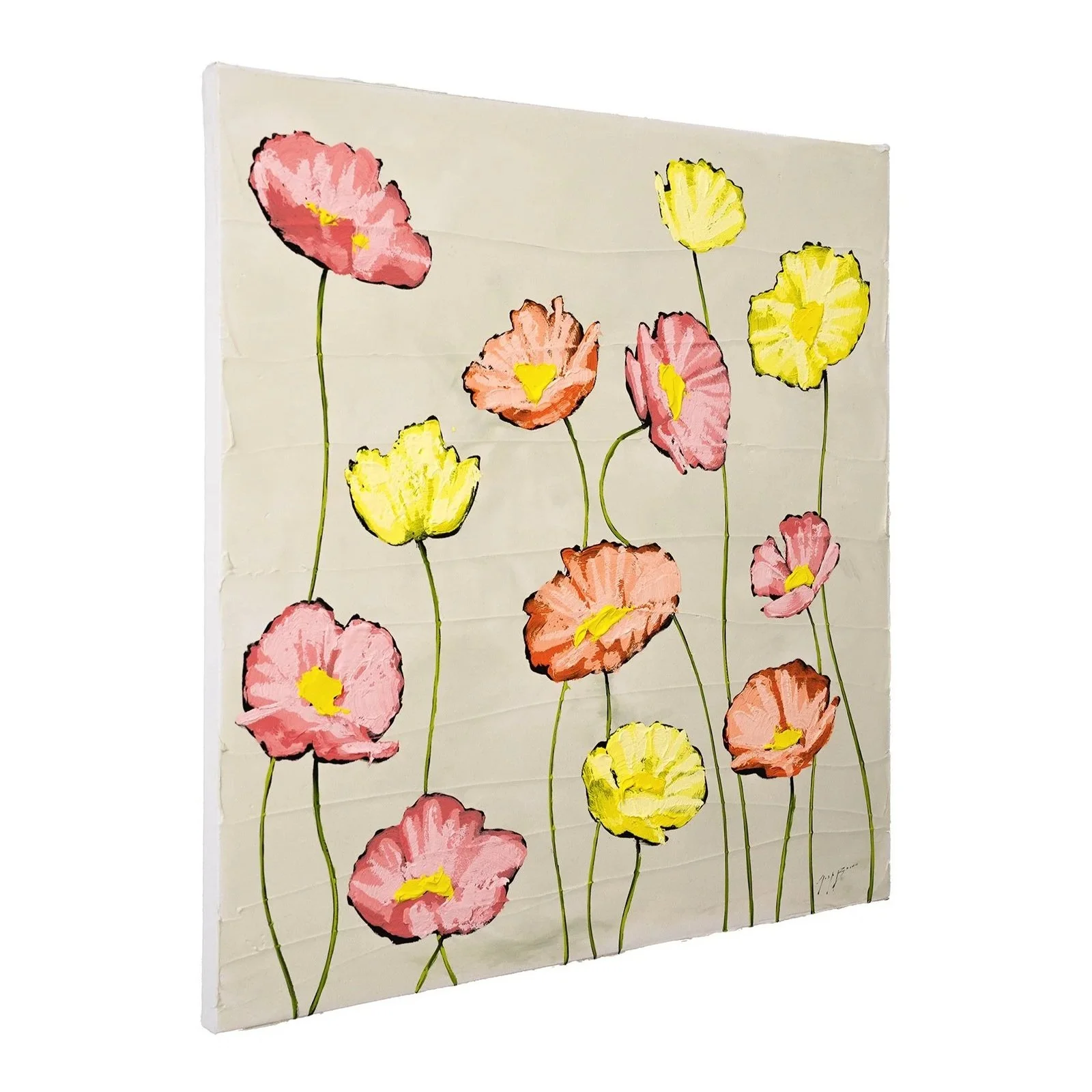 Modern botanical artwork with loose pink and yellow flowers and slender green stems by Josh Brown.