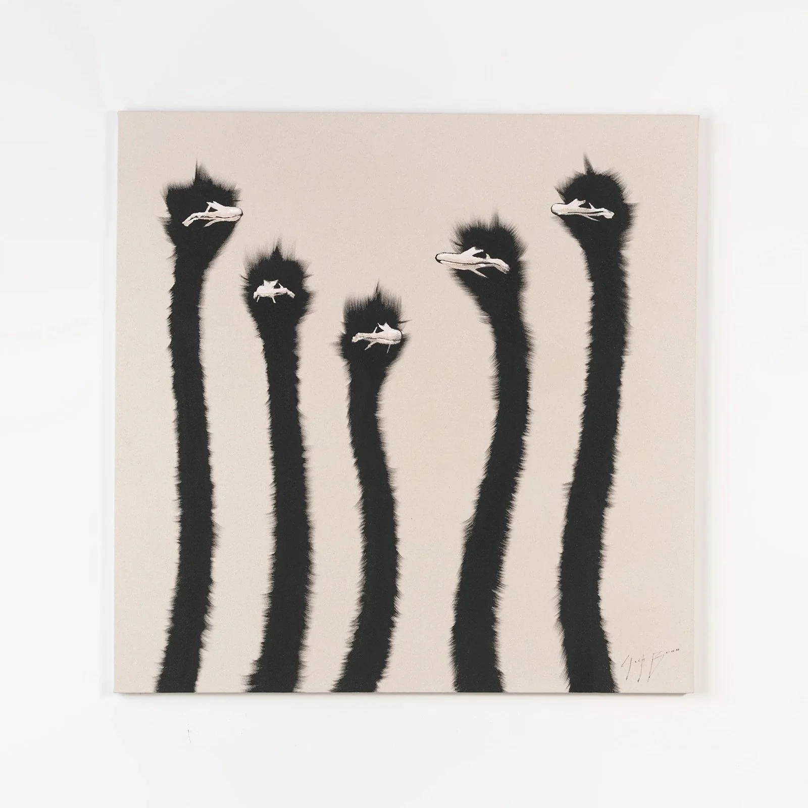Image of elongated black ostrich forms rising against a soft neutral glittery background in a contemporary figurative animal painting by Josh Brown.