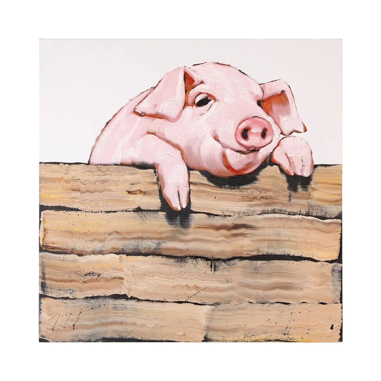Contemporary pig portrait featuring a pink pig resting its head over a tall wooden fence by Josh Brown.