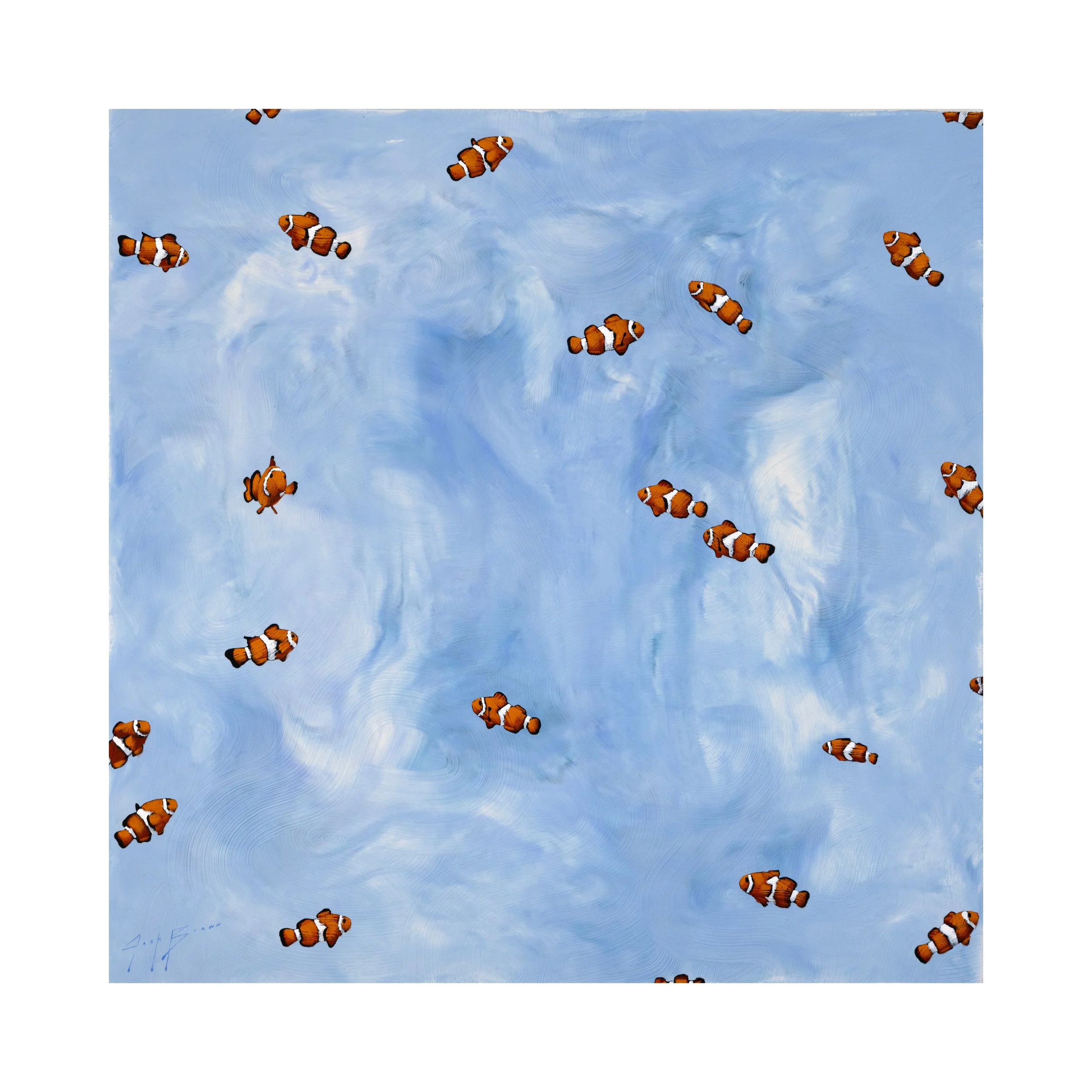 Contemporary painting of orange clownfish floating across a soft blue, cloud-like background by New York City based artist Josh Brown.