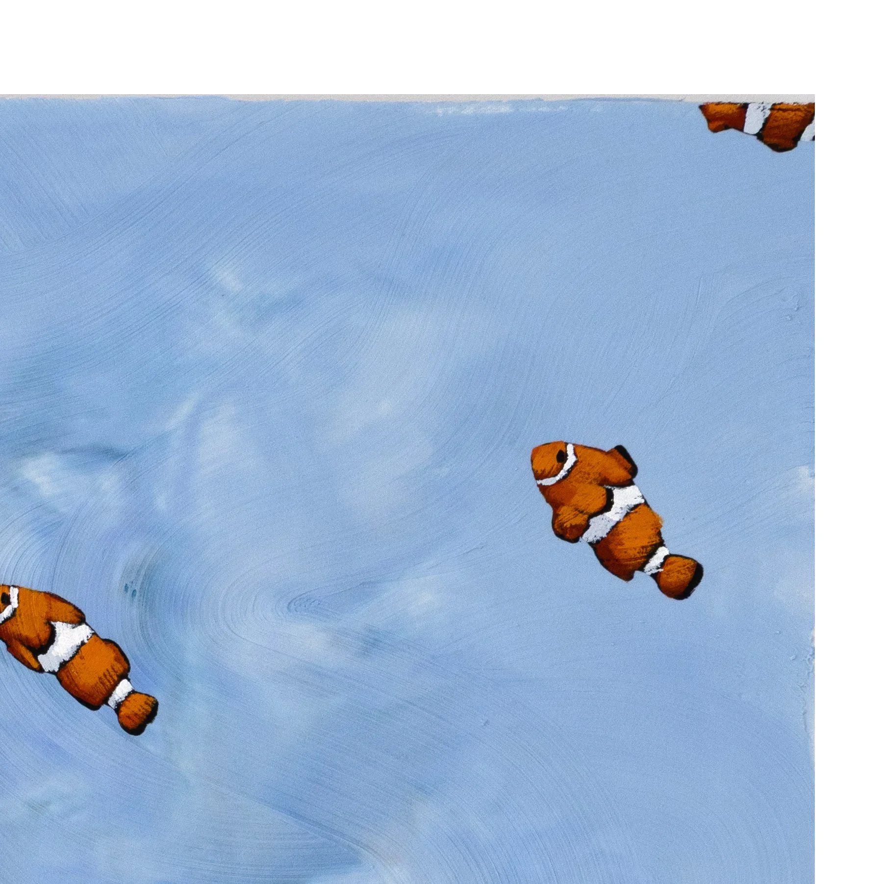 Collectible modern artwork combining clownfish imagery with an abstract sky-like background cropped to reveal three fish and the corner of a painting by New York City based artist Josh Brown.
