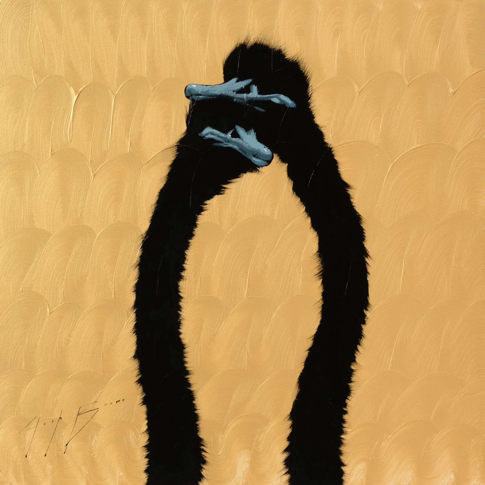 Original acrylic painting of two elongated ostriches embracing on a warm gold background, rendered with expressive texture and minimalist form. Contemporary wildlife fine art made with archival materials, ideal for collectors seeking premium artwork.
