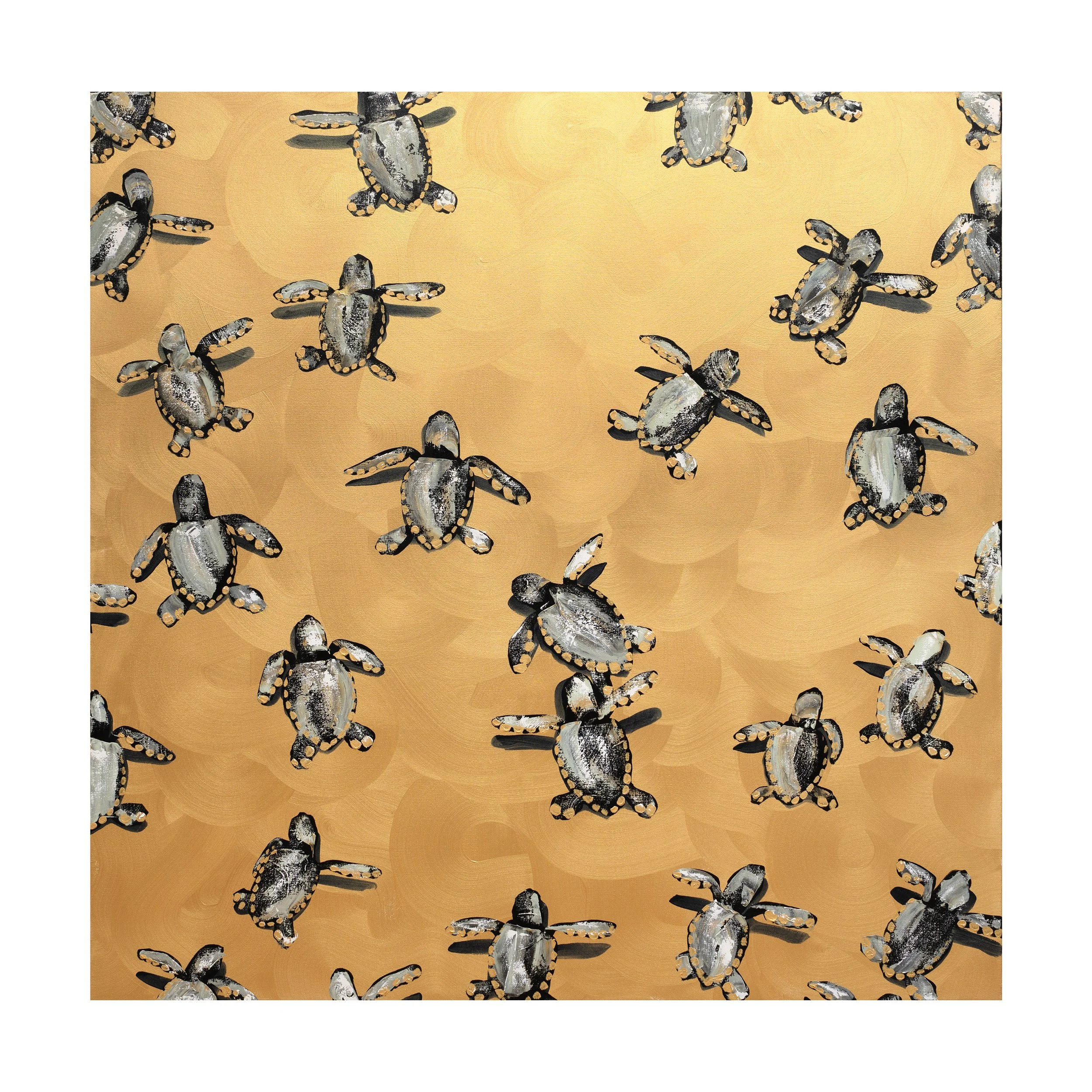 Contemporary painting of baby sea turtles scattered across a warm, gold sandy background by New York City based painter Josh Brown.