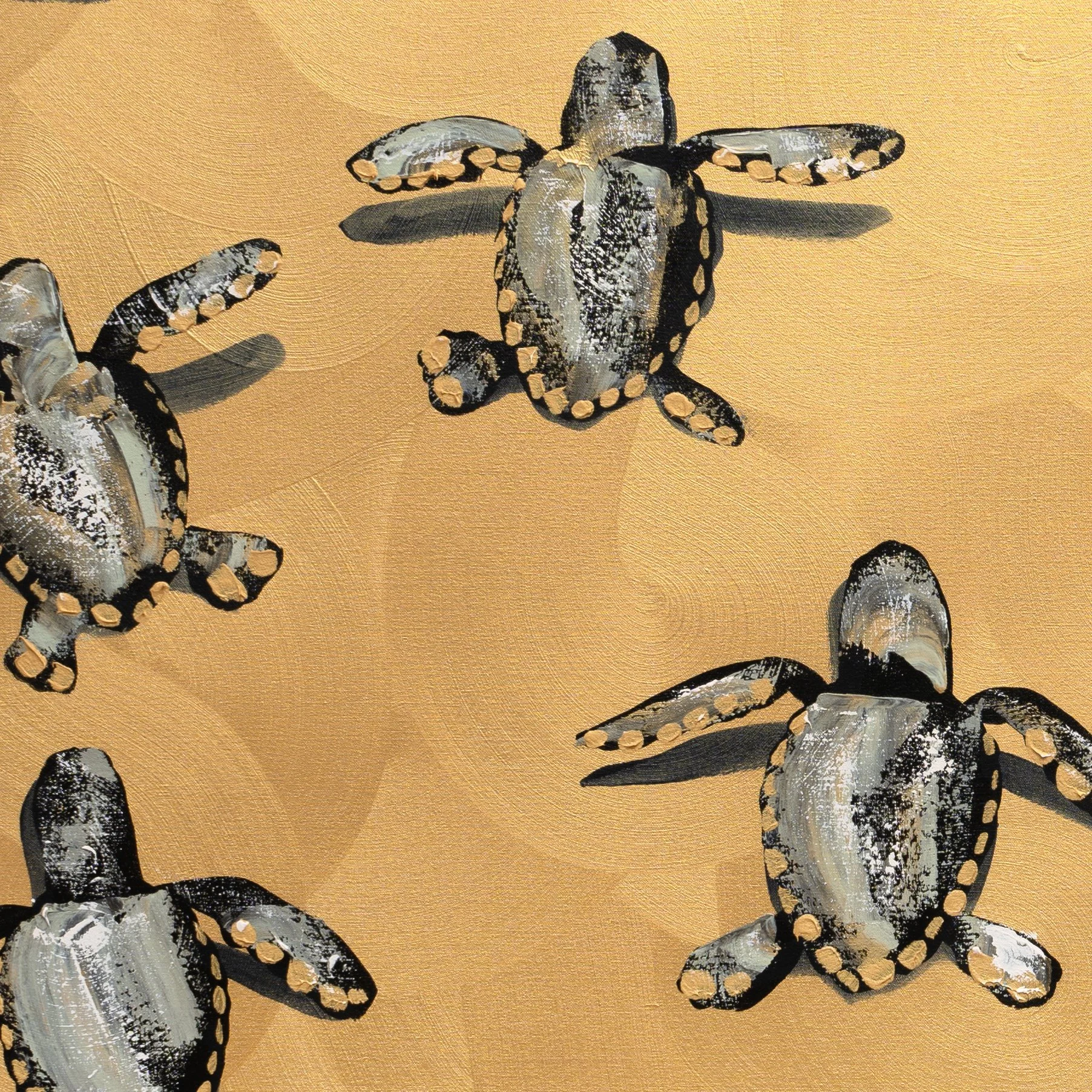 Coastal-inspired painting of sea turtles arranged in a playful composition of vibrant gold by New York City based painter Josh Brown.