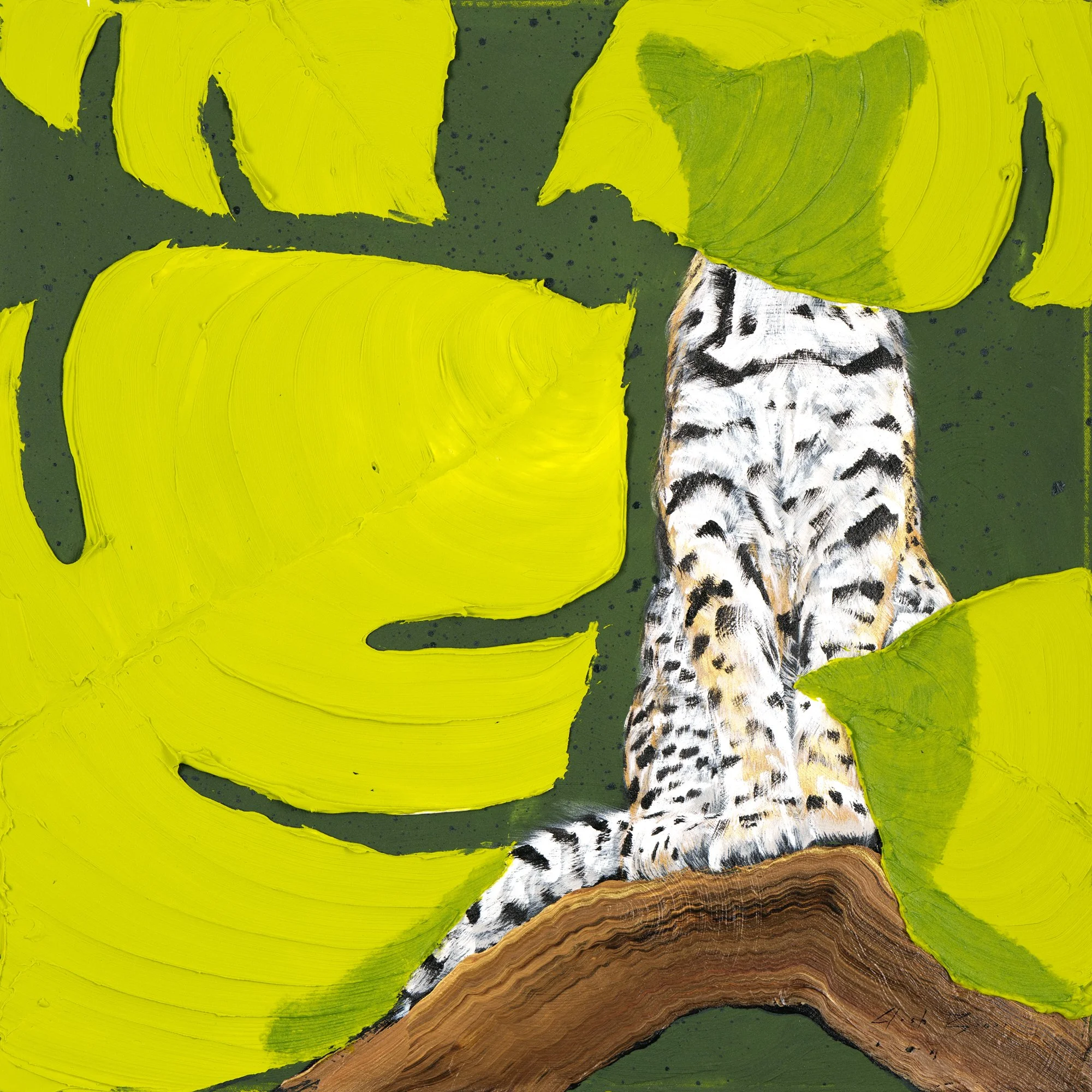 An acrylic painting of an ocelot hiding behind large yellow jungle leaves on a brown tree branch made with expressive marks by Josh Brown, ideal for luxury interiors.