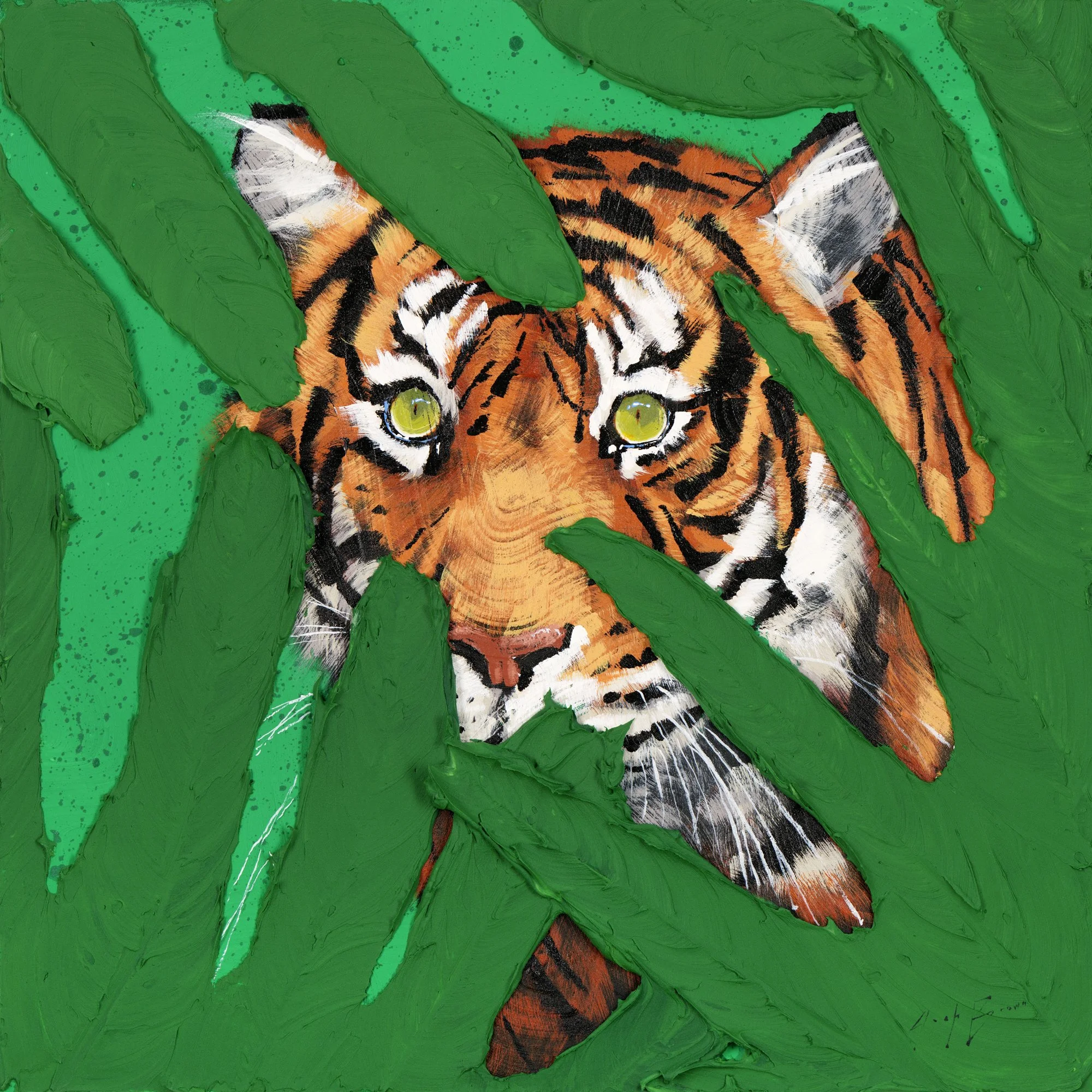 Original acrylic painting of a tiger emerging through lush, textured green leaves, rendered with bold palette-knife strokes and vivid color. Contemporary wildlife fine art made with archival acrylics on canvas, ideal for collectors.