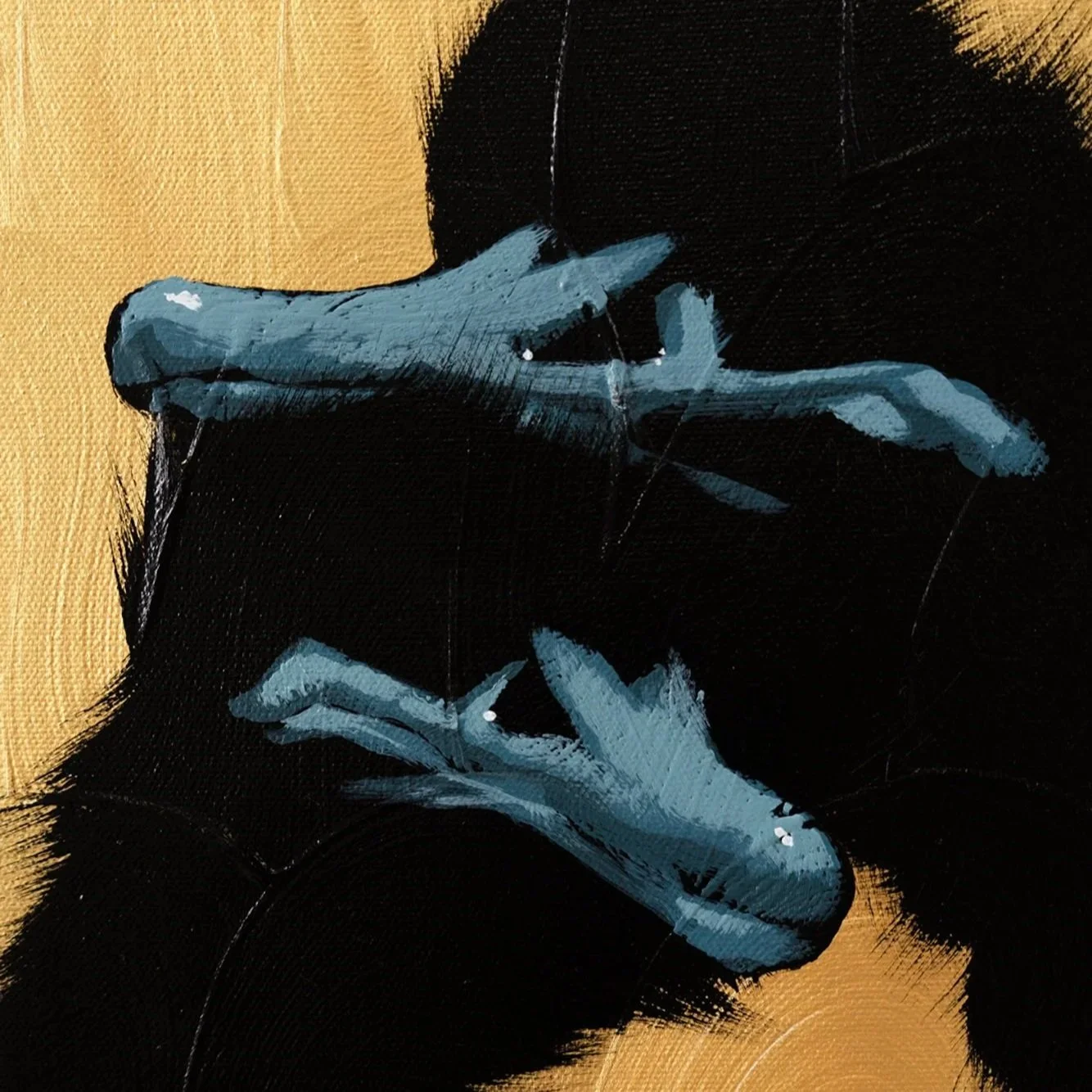 Painted ostrich heads meeting in a quiet, intimate moment rendered in bold minimalist style by Josh Brown.