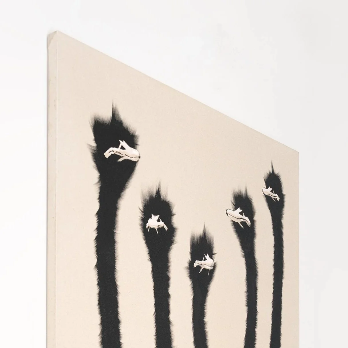 Detail showing soft neutral tones contrasted with deep black paint in a refined minimalist composition of ostriches in a line by Josh Brown.