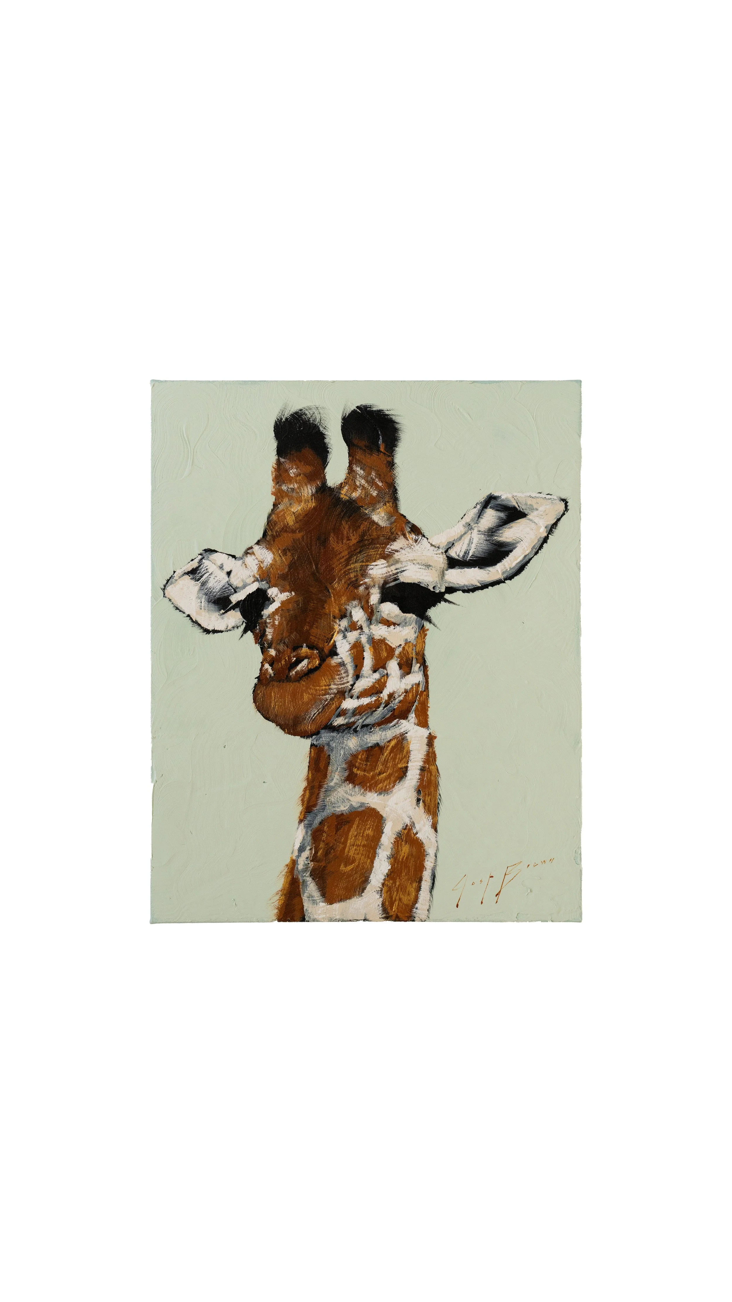 Contemporary giraffe portrait painted in loose acrylic strokes against a muted green background by Josh Brown.