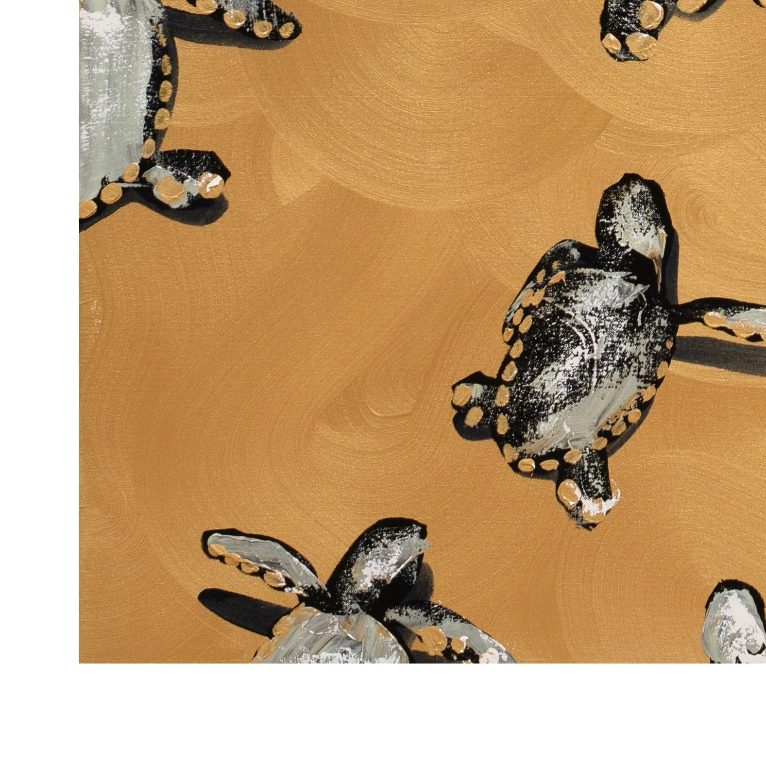Modern acrylic artwork featuring repeating sea turtles in motion rendered with blacks, greens, and golds, by Josh Brown.