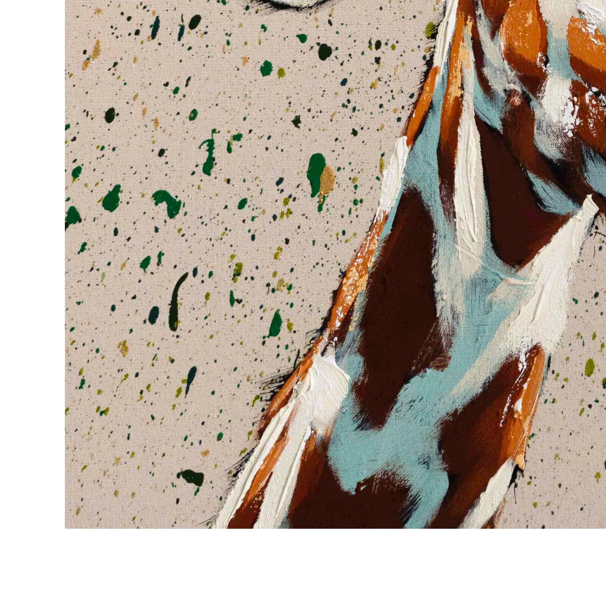 Detail crop highlighting the interaction between two giraffes in a contemporary animal painting.