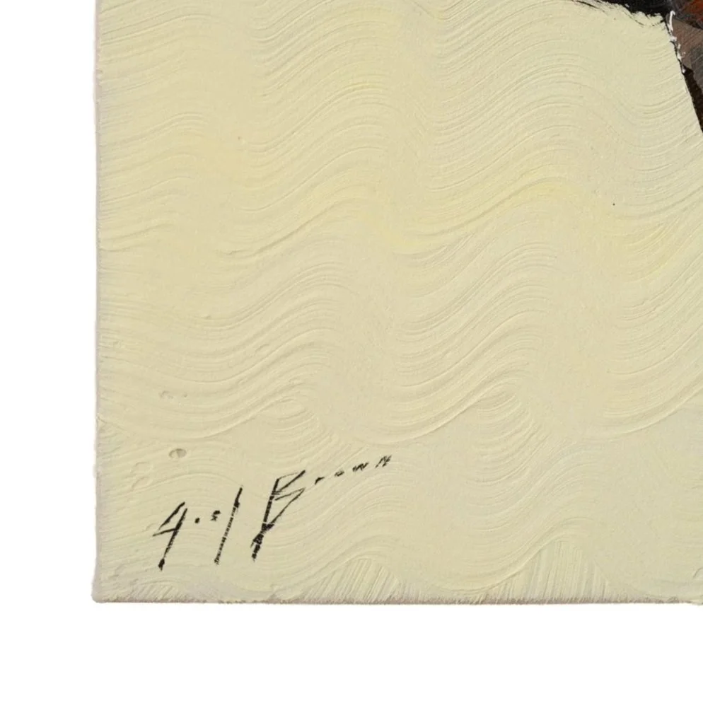 Close-up of a giraffe’s face rendered with loose brushwork against a pale yellow ground featuring the artist's signature by Josh Brown.