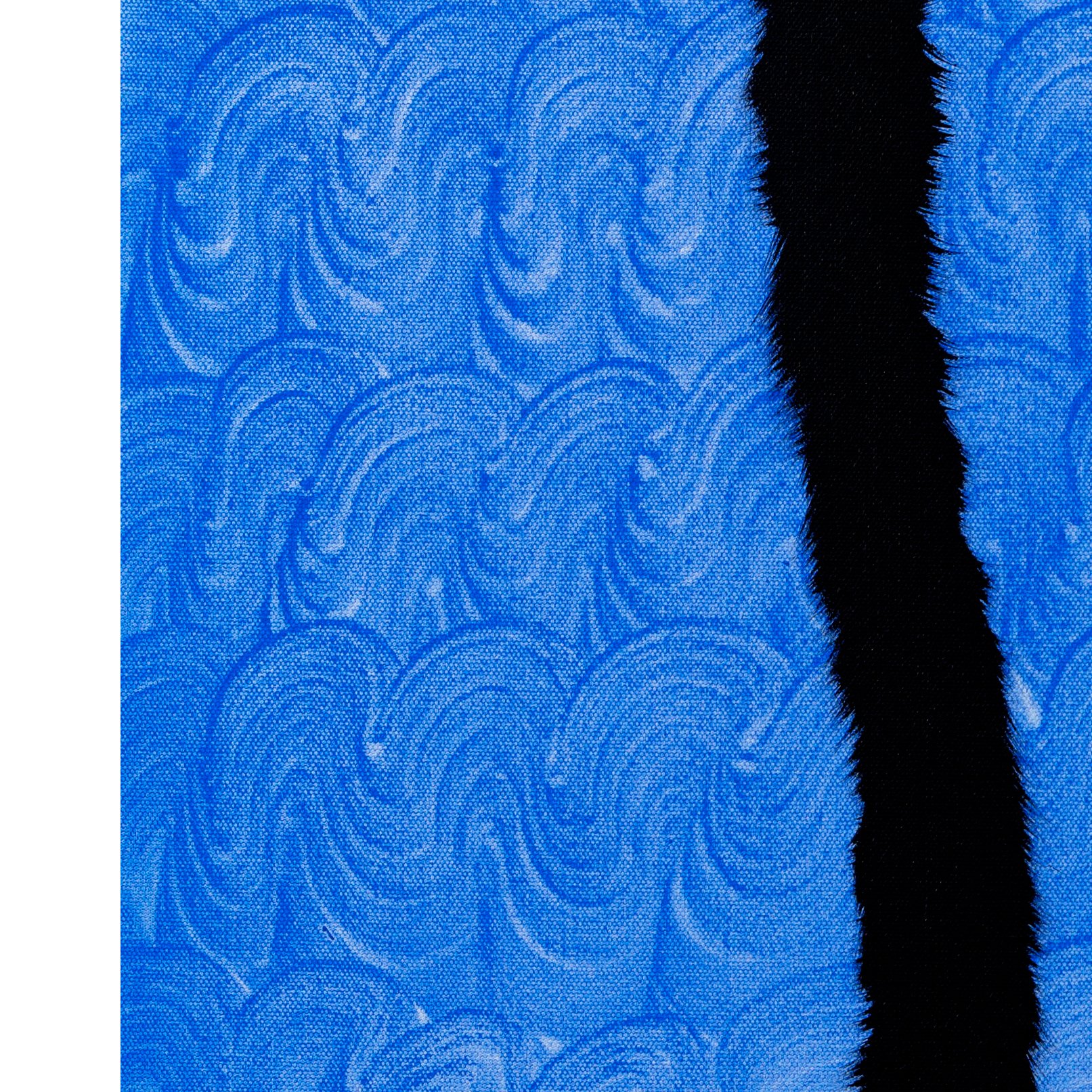 Detail crop highlighting swirling blue brushstrokes and canvas texture in a contemporary acrylic painting by Josh Brown.