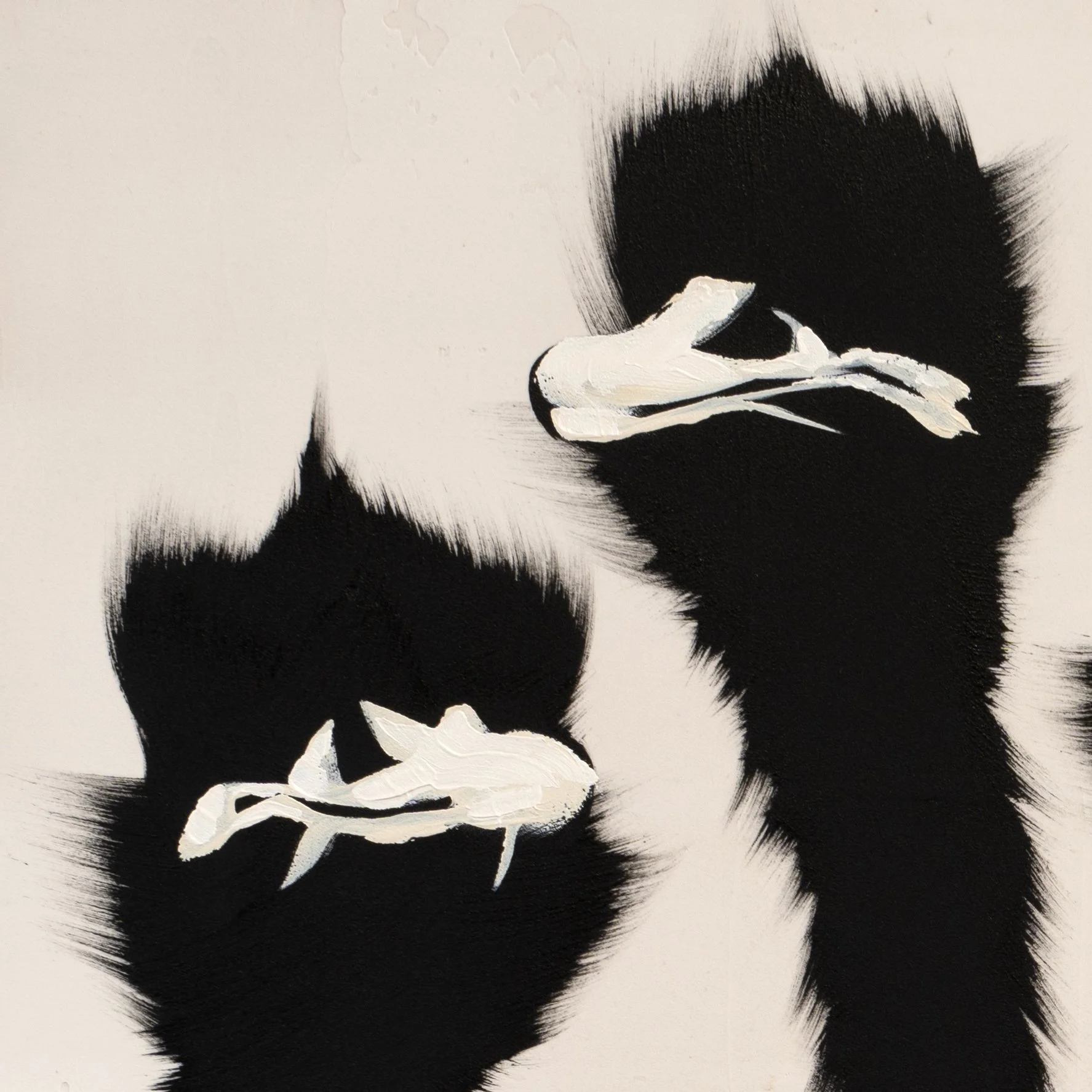 Detail crop highlighting the contrast between matte black paint and warm off-white ground in a minimalist animal painting with two ostrich heads by New York City based artist Josh Brown.
