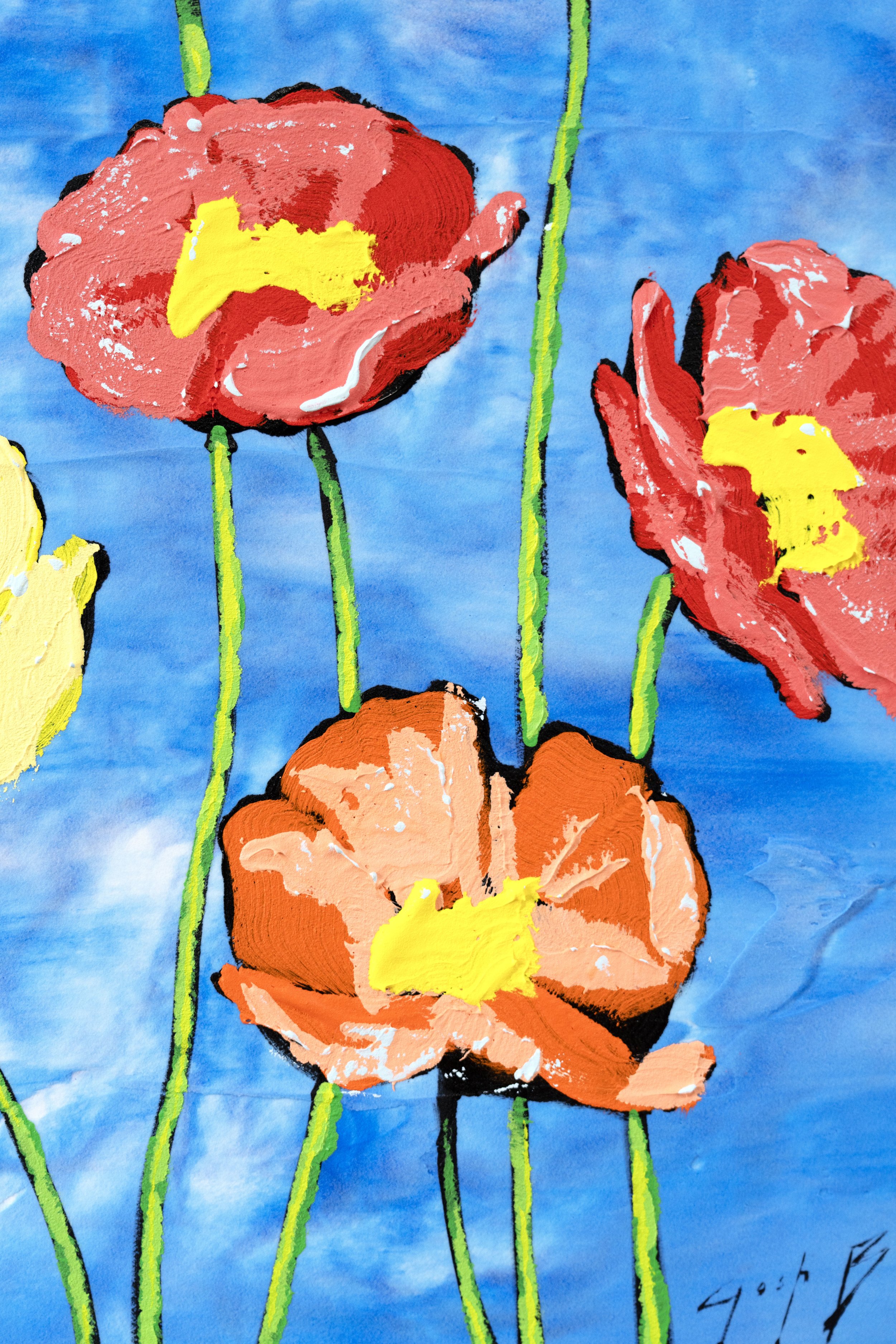Modern floral painting in a dark wood frame, showcasing colorful blooms on a textured blue field cropped on four plowers in reds, yellows, oranges, and green stems by Josh Brown.