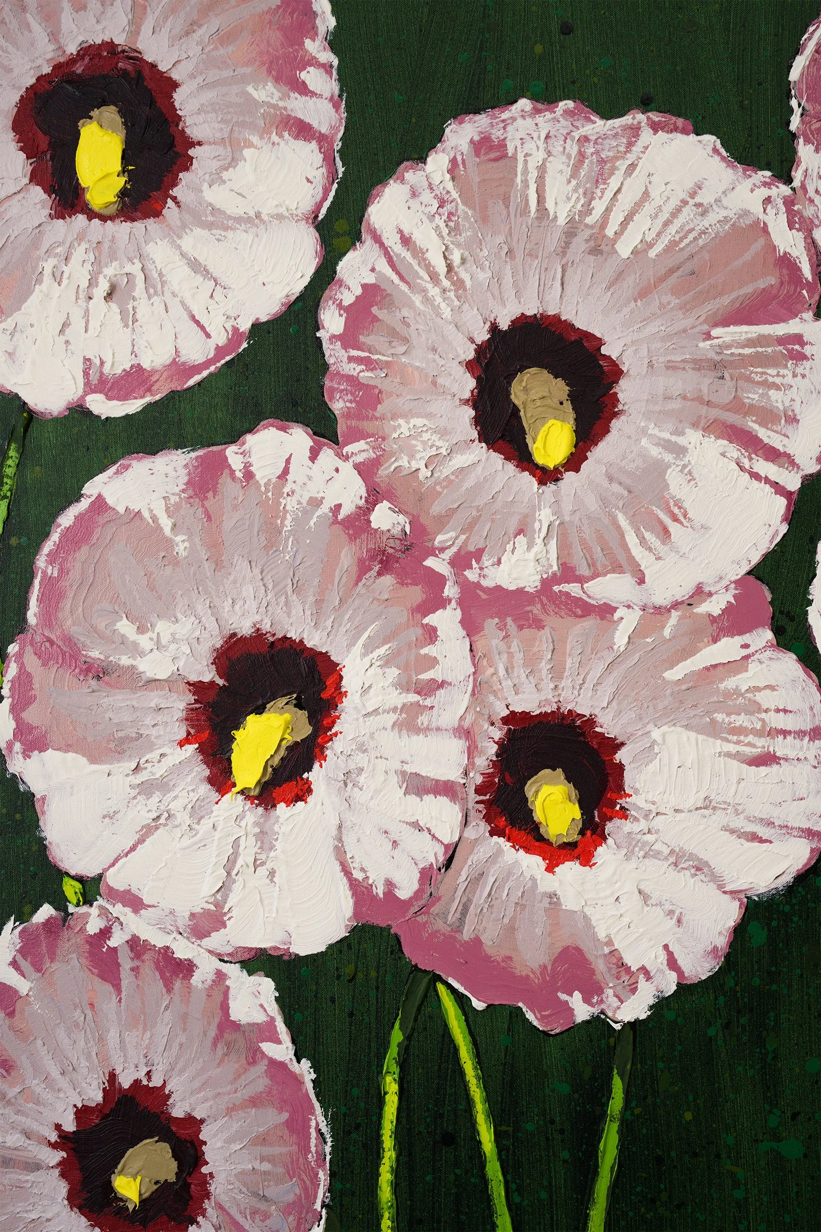 Original contemporary flower painting with layered hibiscus petals and vibrant contrast by Josh Brown.
