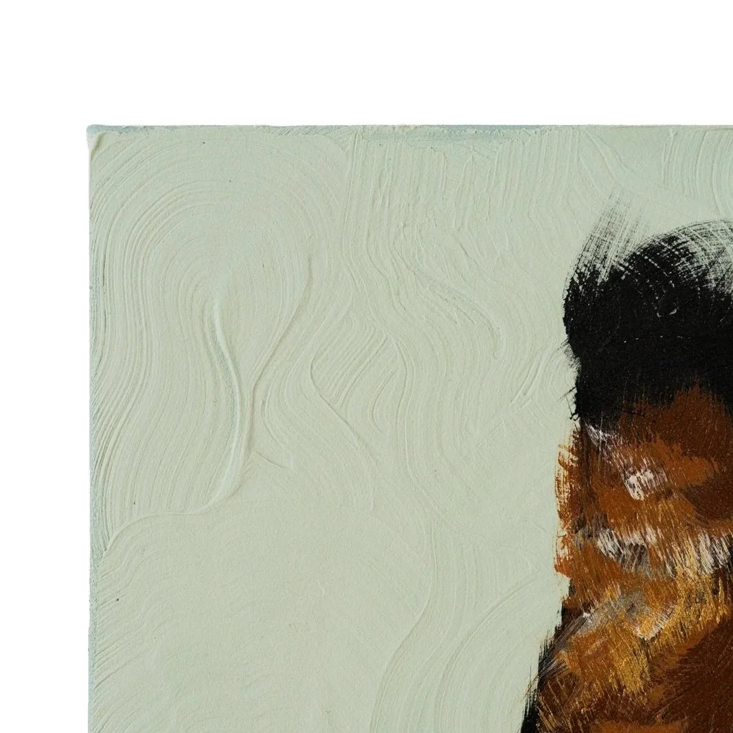 Giraffe portrait with bold brushstrokes and softened edges on a muted green field by Josh Brown.