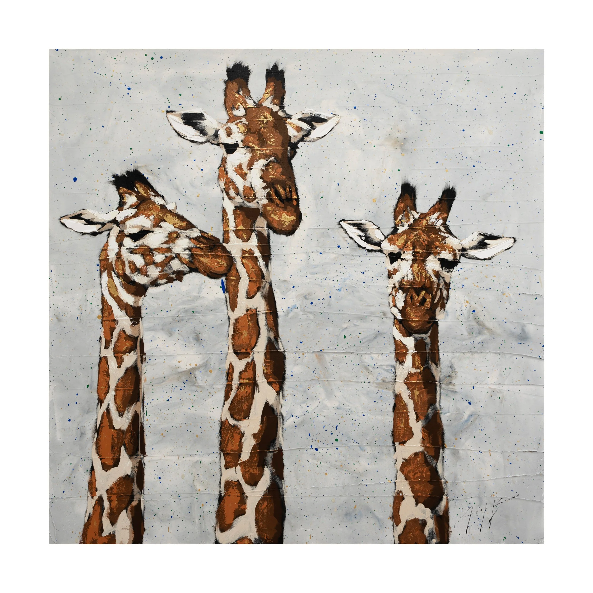 Detail of three giraffe heads painted with expressive acrylic brushstrokes on a speckled neutral background by Josh Brown.