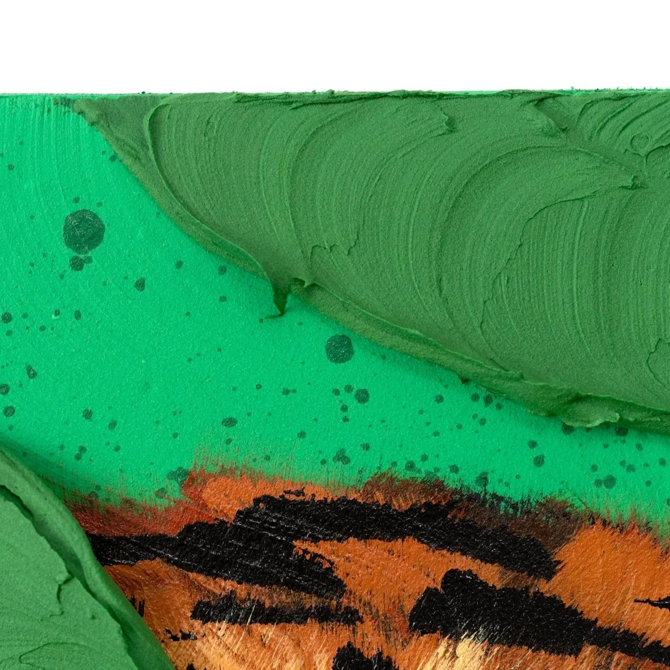 Painted tiger gaze peeking through lush green leaves, combining realism and playful contemporary style by Josh Brown.