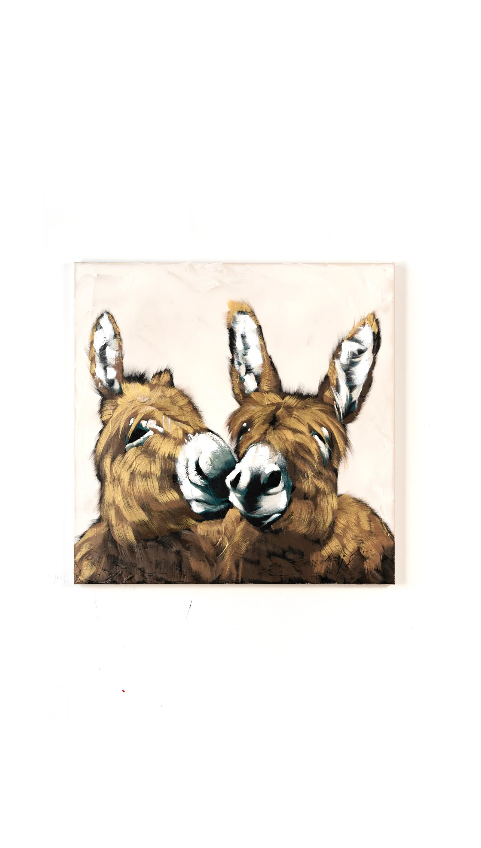 Contemporary donkey portrait featuring two figures rendered in expressive acrylic brushstrokes by Josh Brown.