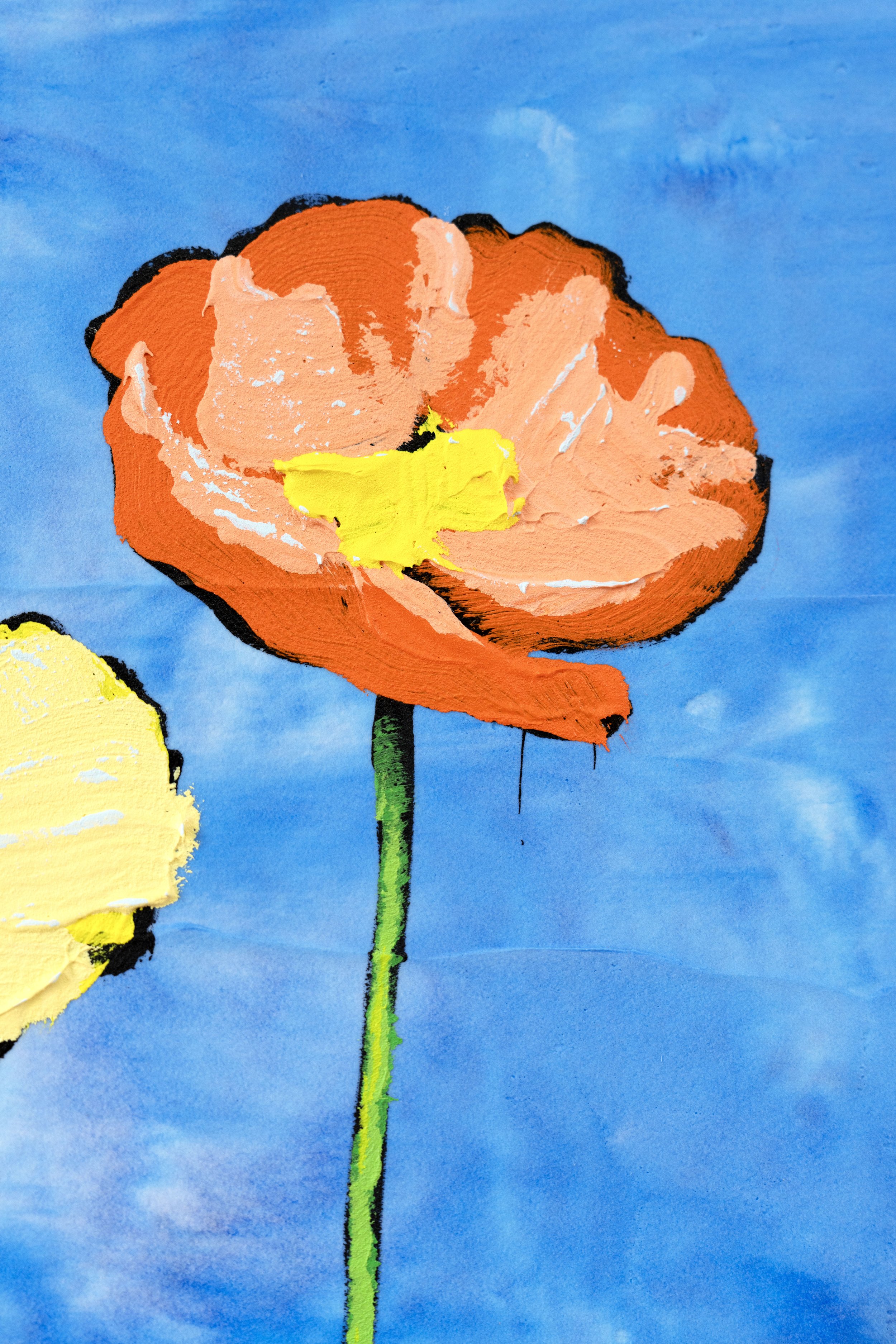 Textured acrylic floral painting with bright blossoms and upward movement by contemporary expressive painter Josh Brown.