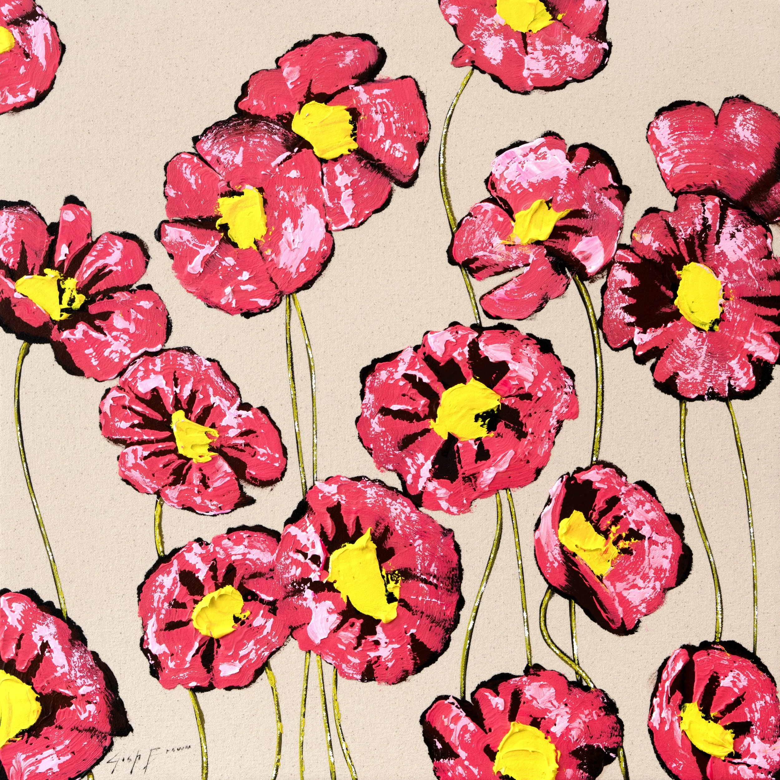 Original acrylic painting of vivid pink flowers with bright yellow centers on slender green stems against a neutral background. Contemporary floral fine art with bold texture for modern collectors.