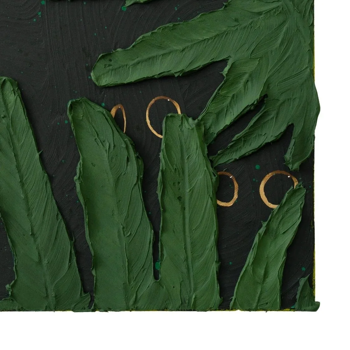 Close-up of thick impasto leaf textures revealing subtle gold eye motifs in a modern jungle-inspired artwork by Josh Brown.