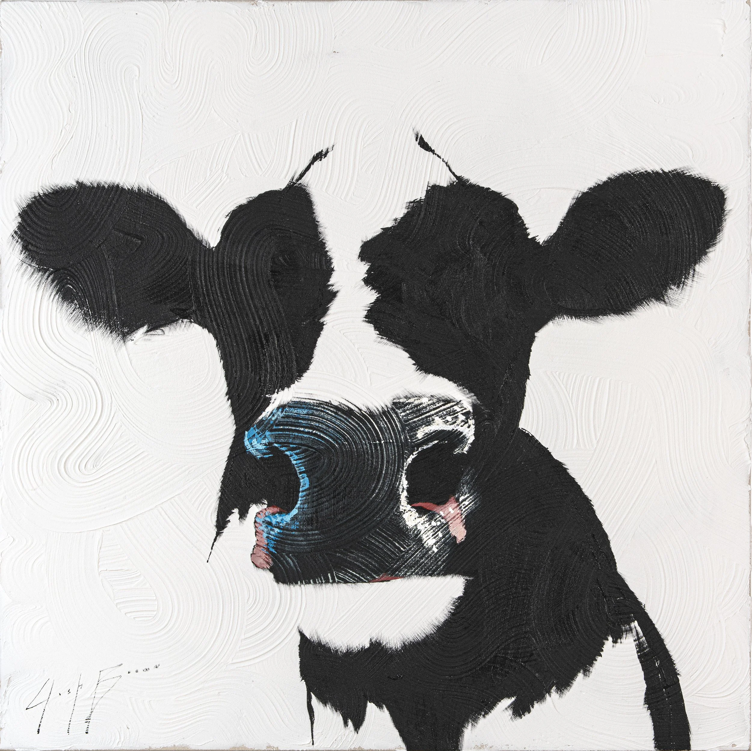 Original acrylic painting of a minimalist cow emerging from bold black brushstrokes on a textured white background. Contemporary animal fine art created with archival materials for collectors seeking refined, modern statement paintings.