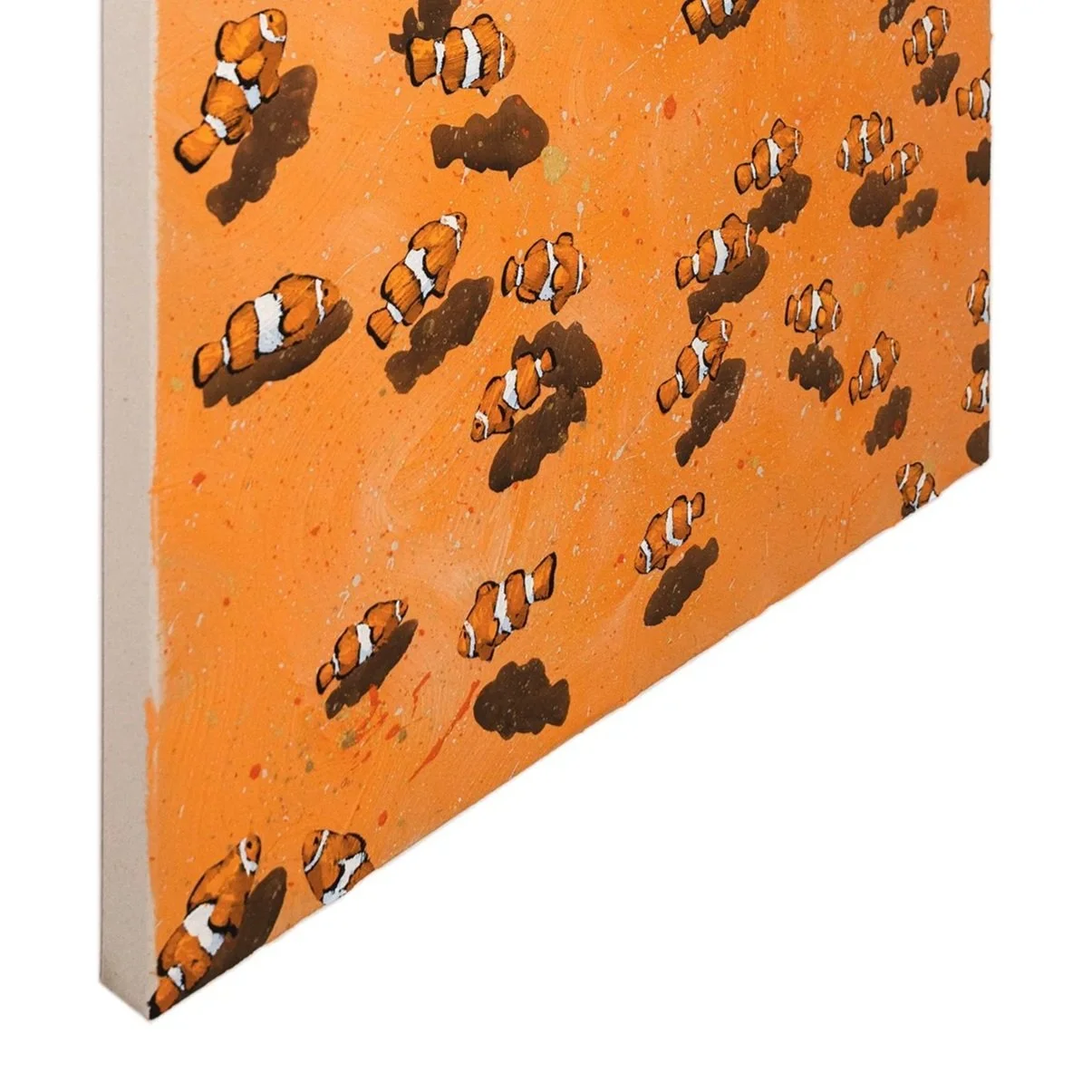 Modern acrylic artwork featuring repeating clownfish with bold shadows by Josh Brown.