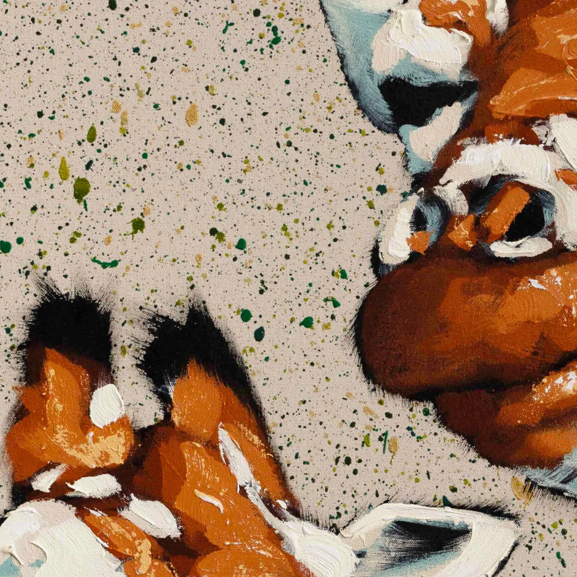 Detail showing painterly marks and speckled backdrop in a contemporary giraffe artwork by Josh Brown.