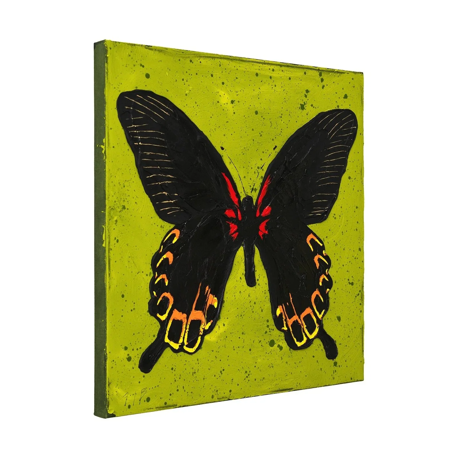 Side view of a black swallowtail butterfly painting with outstretched wings, featuring bold color contrast and thick acrylic texture by Josh Brown.