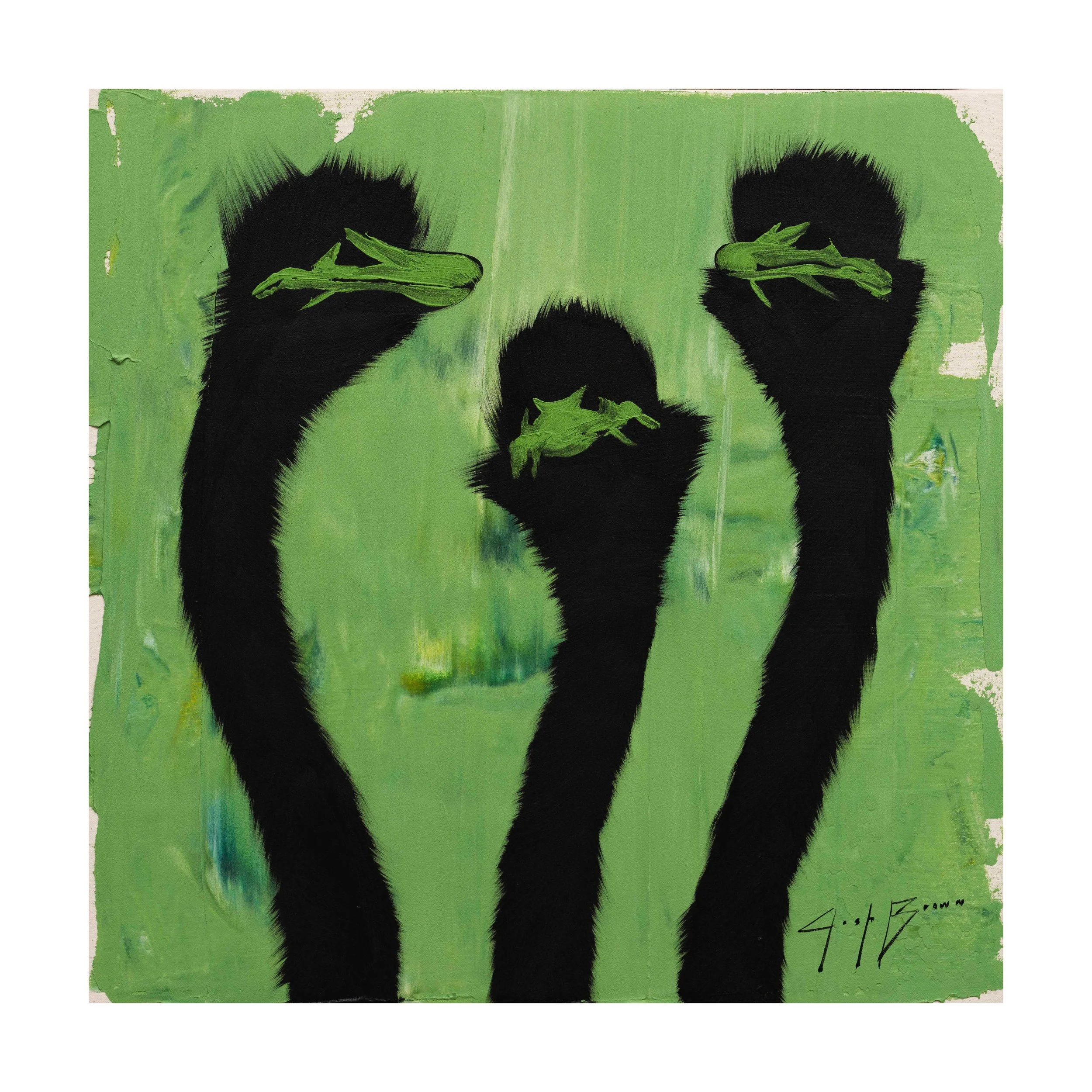 Detail of black ostrich silhouettes emerging from a layered green background in a contemporary figurative animal painting by Josh Brown.