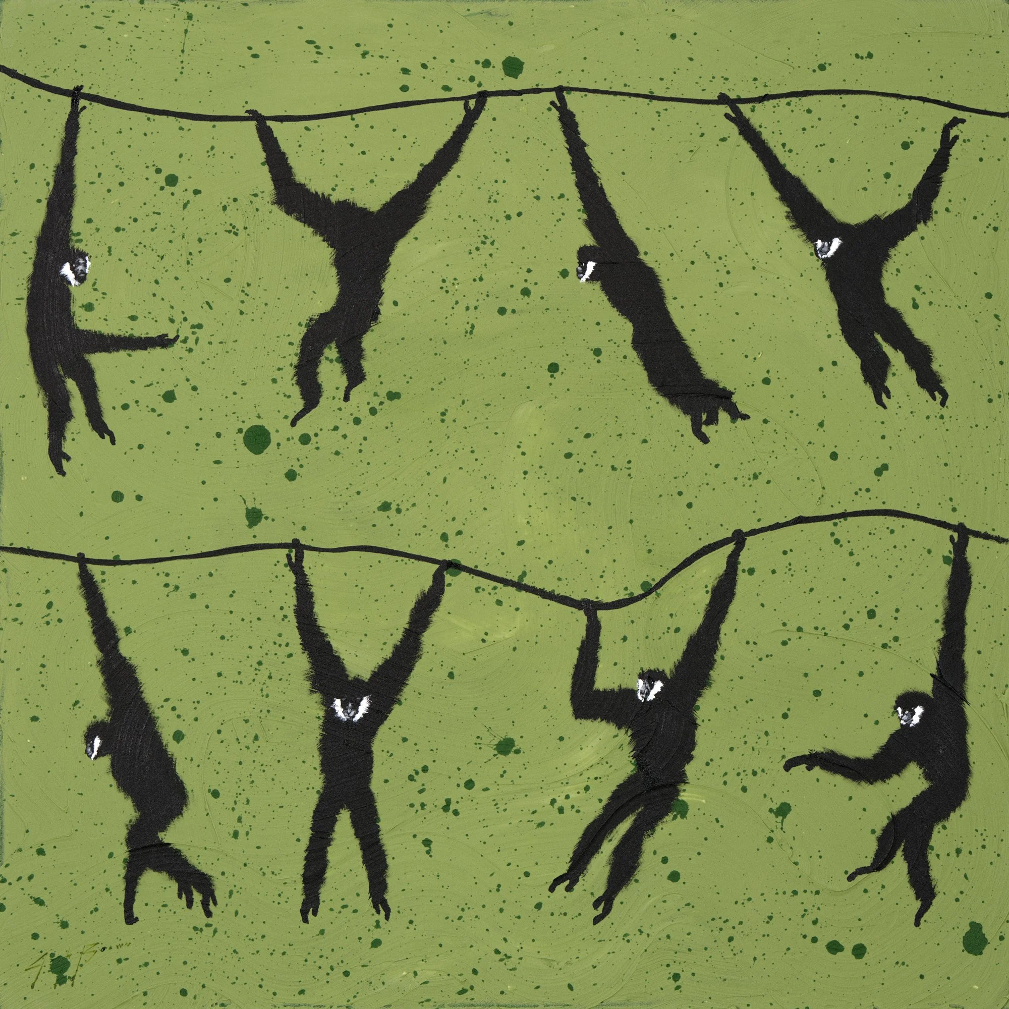 An acrylic painting of gibbons swinging from branches rendered in almost entirely black with white highlighting their bright faces by New York City based painter Josh Brown.