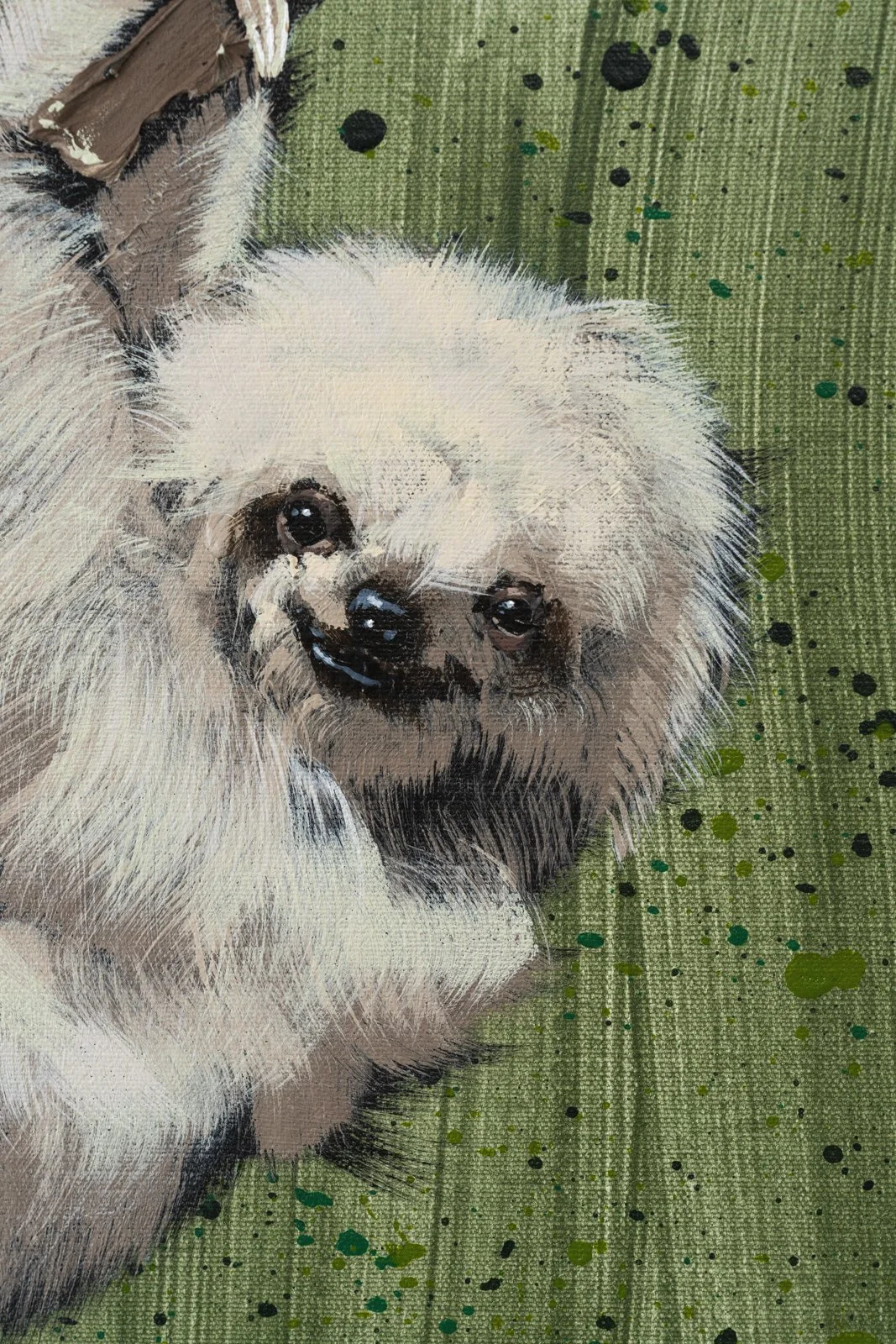 Painted sloth face detail with warm brown tones and fine brushwork, highlighting the artist’s modern take on animal portraiture by Josh Brown.