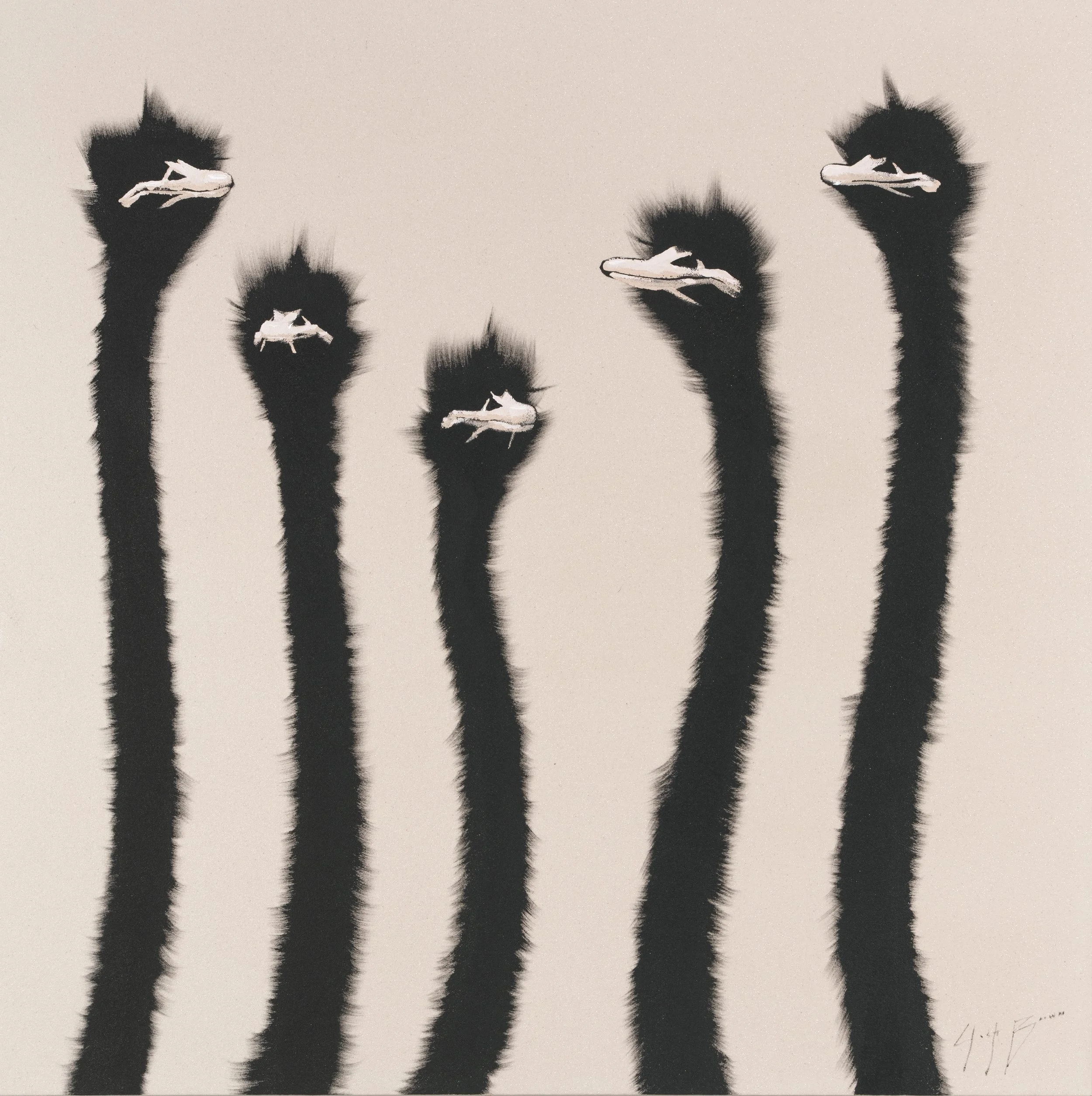Original acrylic painting of five elongated ostriches on a neutral background with subtle glittering accents. Contemporary minimalist wildlife fine art for modern collectors.