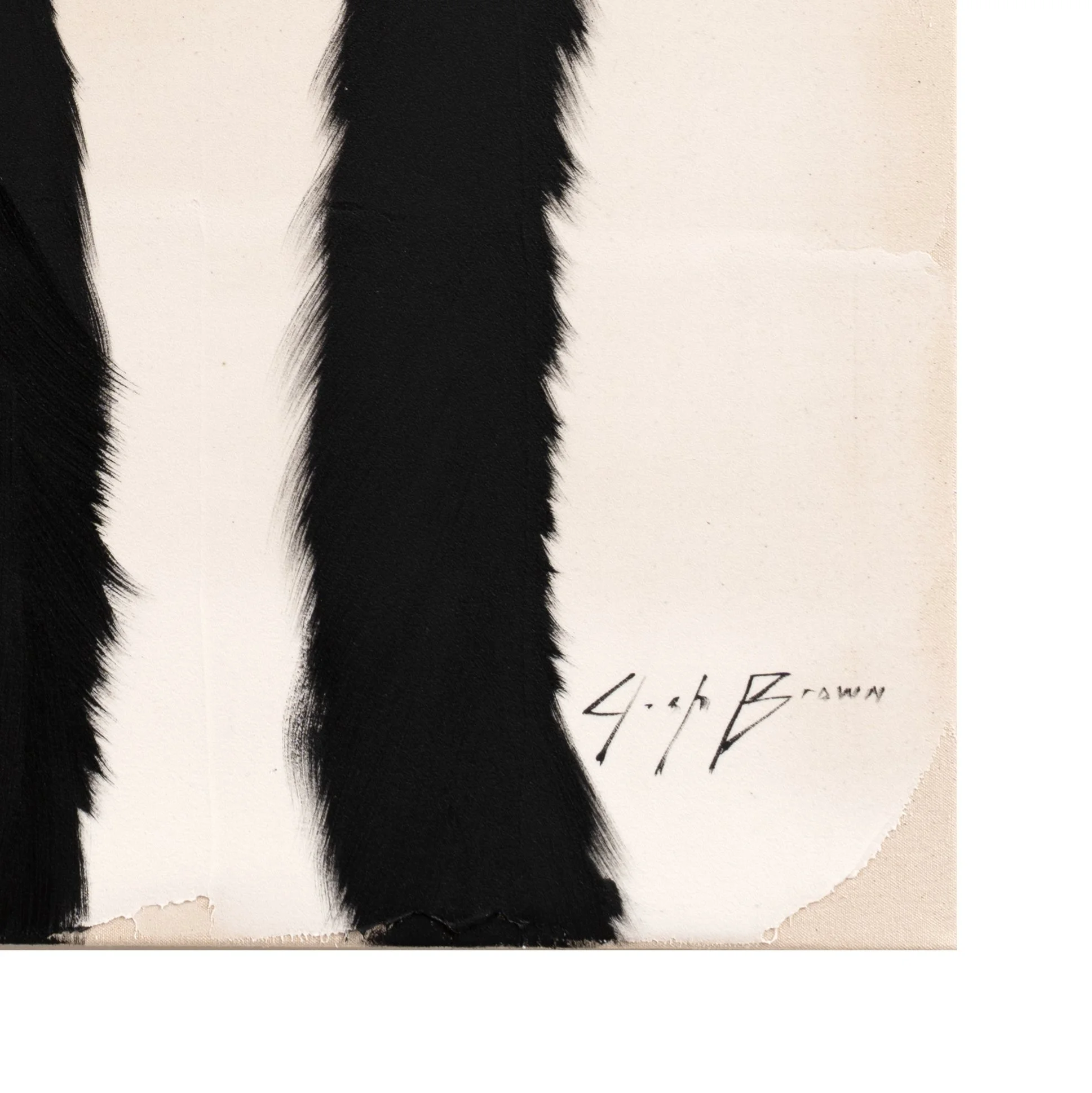 Close-up of expressive black brushwork forming tall ostrich necks with delicate white beaks by New York City based artist Josh Brown.