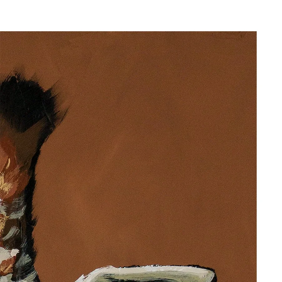 Close-up emphasizing contrast between white markings and rich brown tones in modern acrylic painting by Josh Brown.