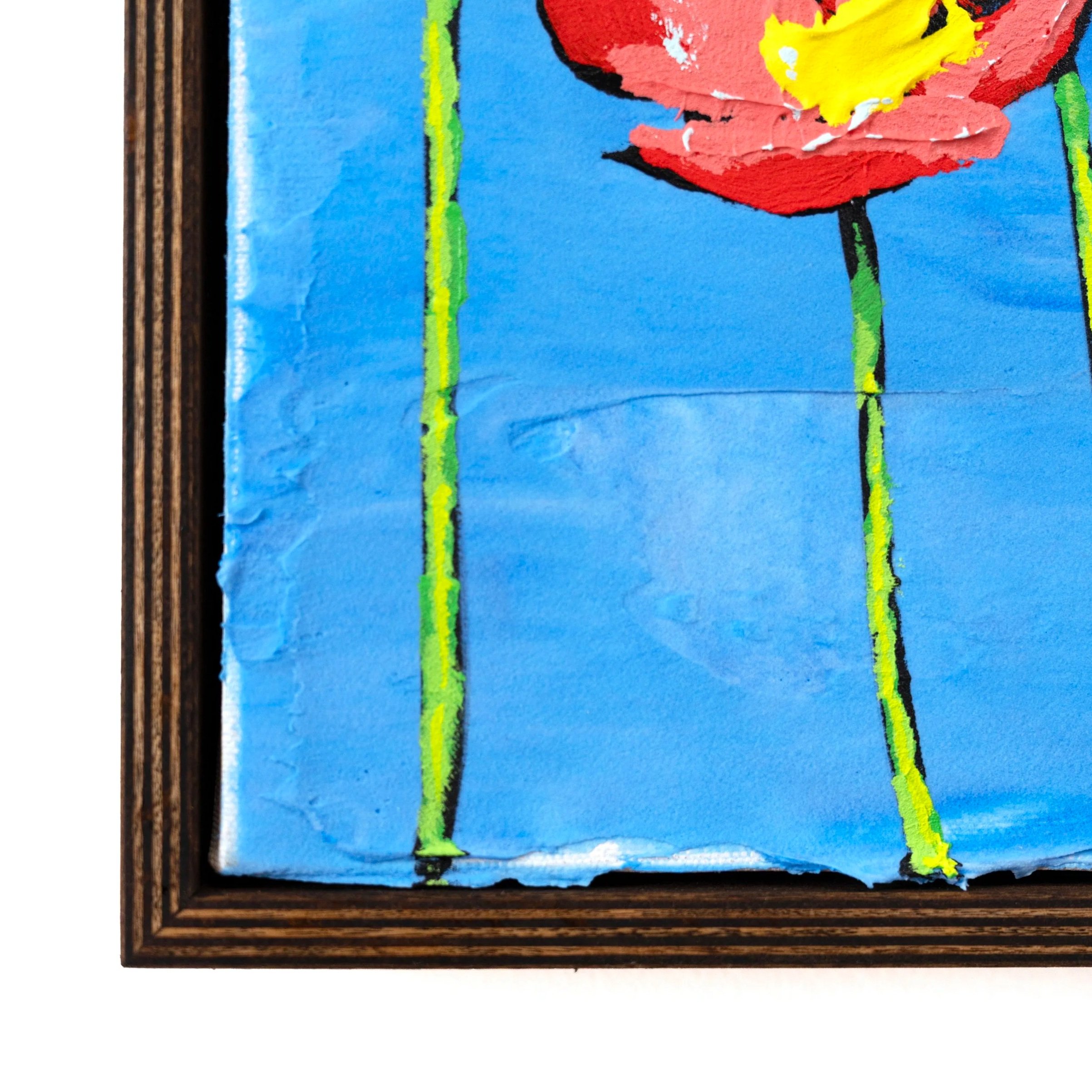 Collectible contemporary painting featuring stylized flowers and a luminous blue background by New York City based painter Josh Brown.