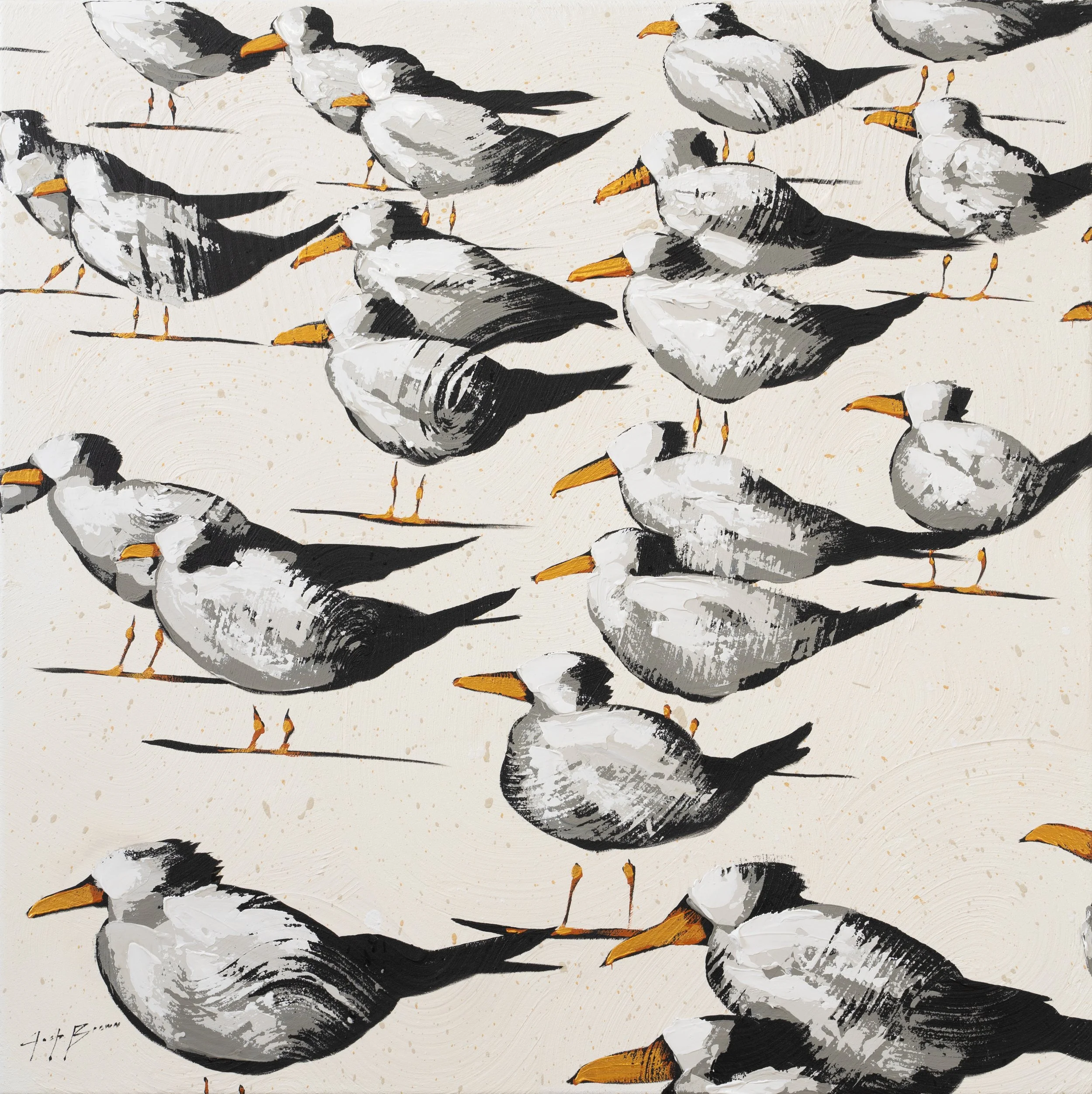 Original acrylic painting of seabirds arranged in a rhythmic diagonal pattern on a soft neutral background, rendered with expressive brushwork and subtle texture. Contemporary wildlife fine art for collectors seeking modern, graphic compositions.