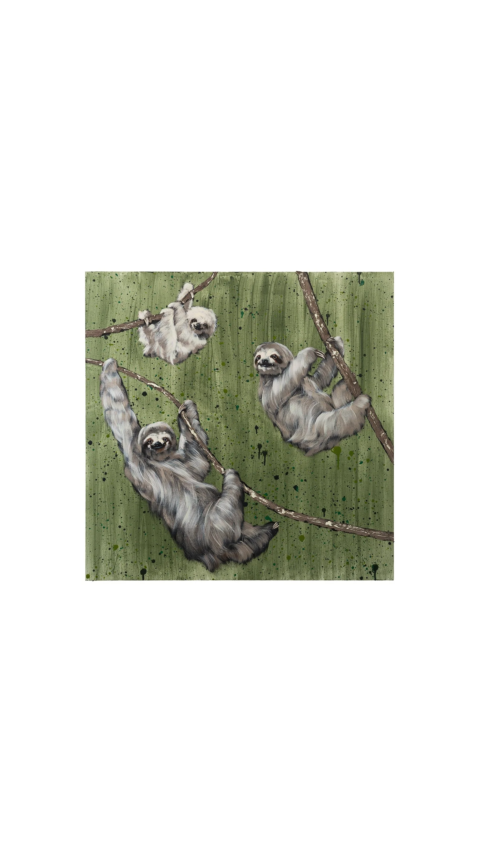 A painting of three sloths hanging from intersecting branches in a contemporary animal painting with playful composition by New York City based artist Josh Brown.
