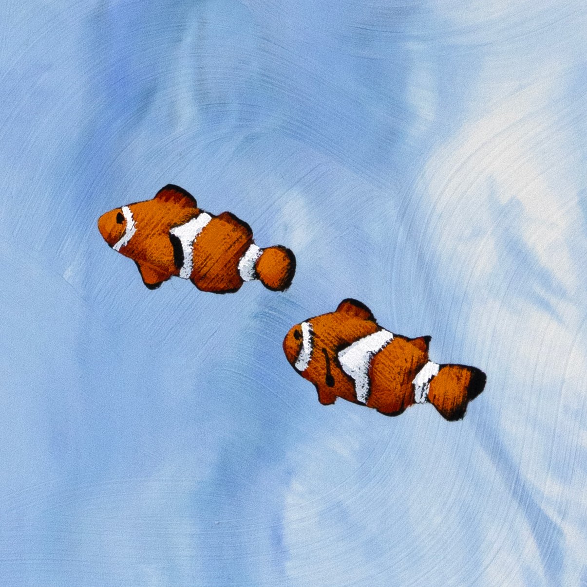 Whimsical clownfish painting with bold orange fish drifting through an abstract blue field by Josh Brown.