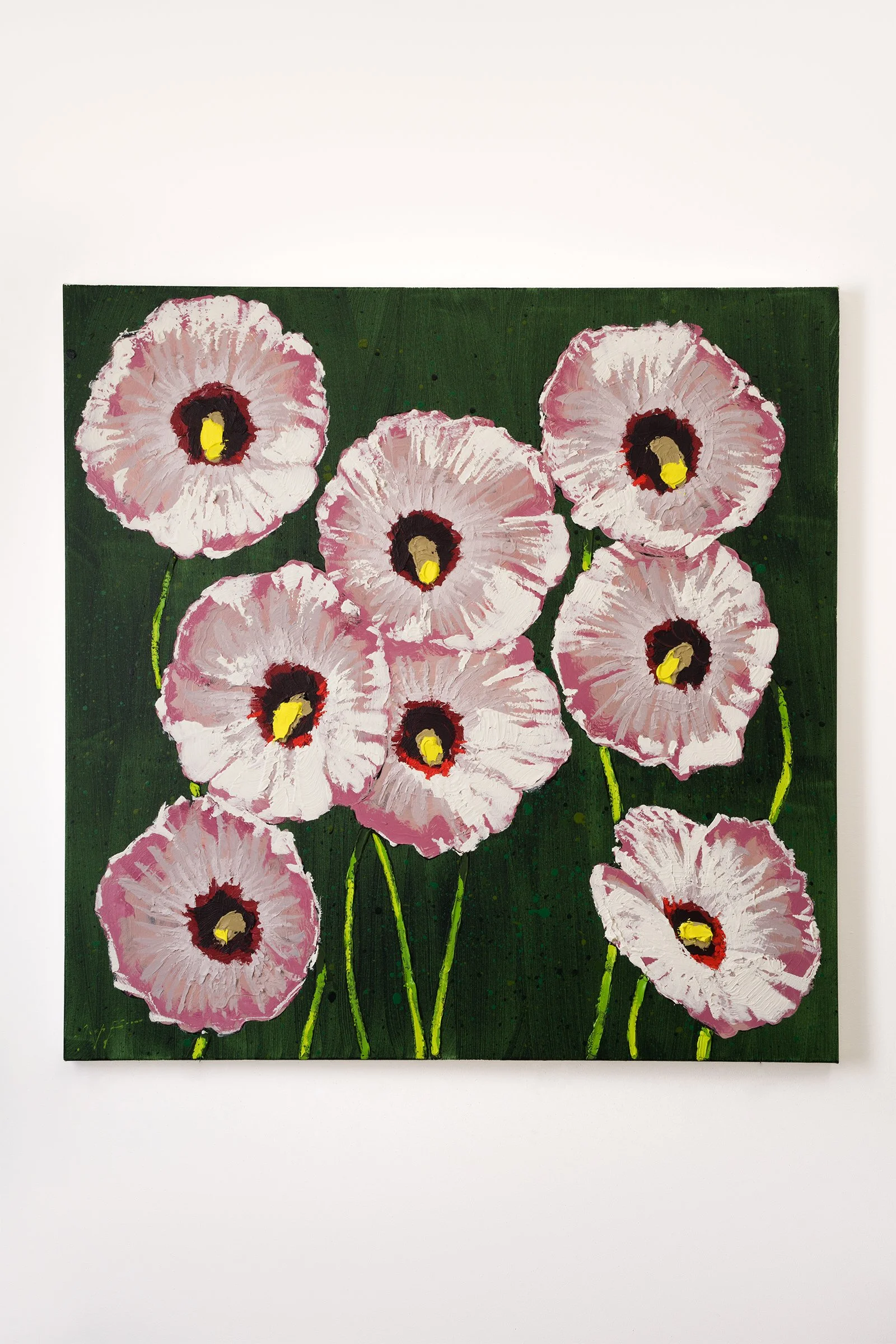 Original acrylic painting of pink hibiscus flowers on a deep green background by contemporary artist Josh Brown.