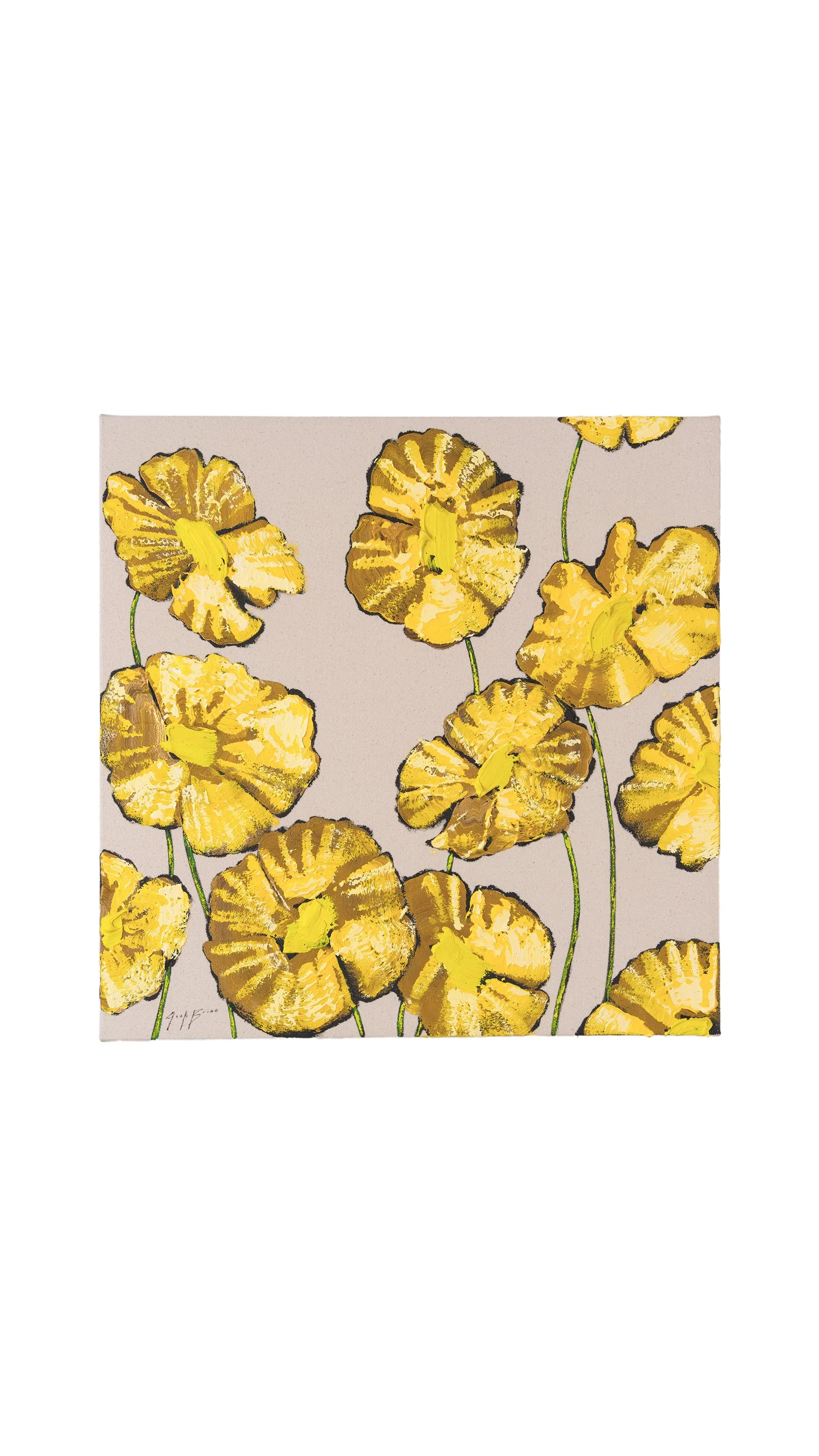 Original acrylic painting of yellow flowers with textured petals on a soft neutral background by New York City based painter Josh Brown.