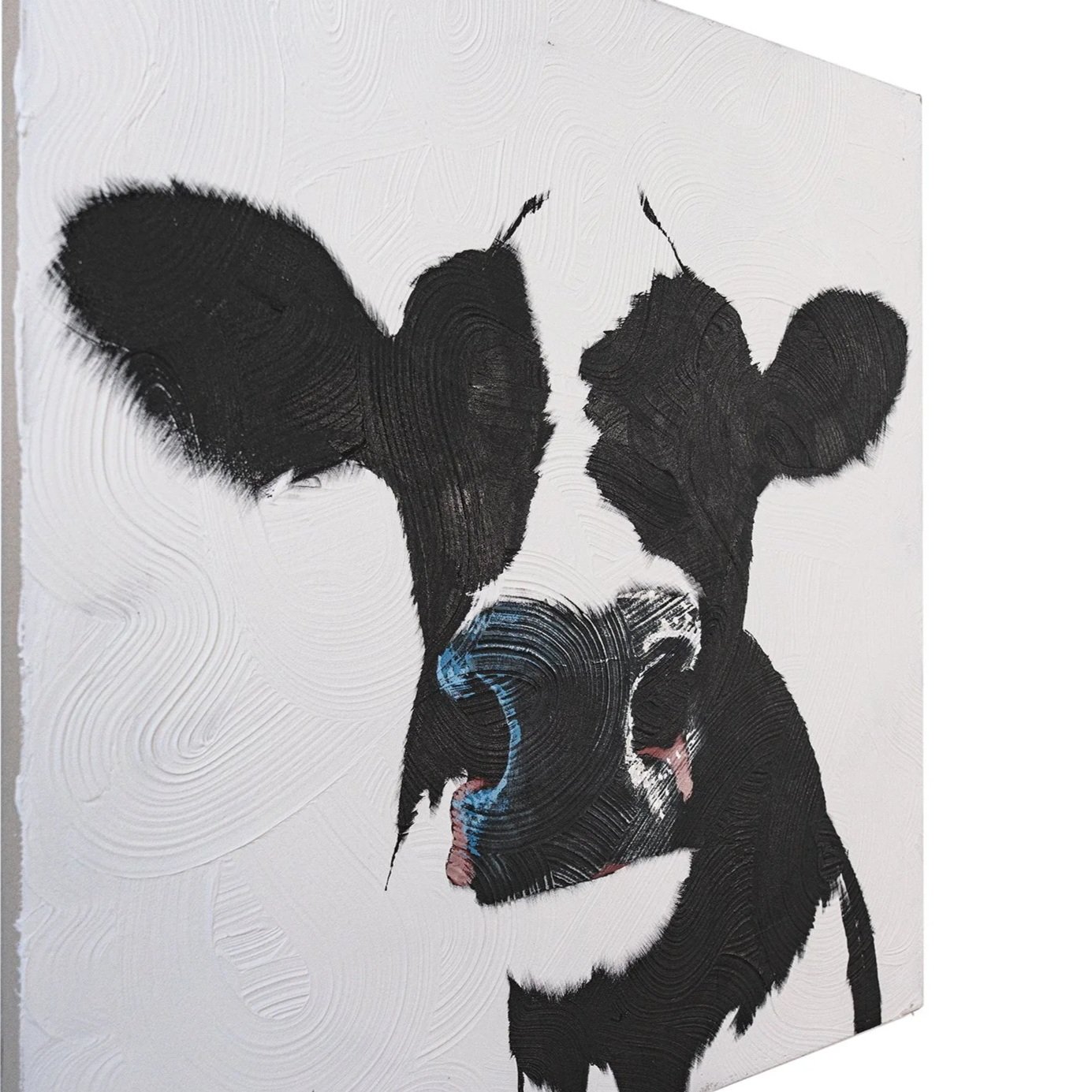 High-contrast cow artwork blending abstraction and figuration in acrylic paint by Josh Brown.