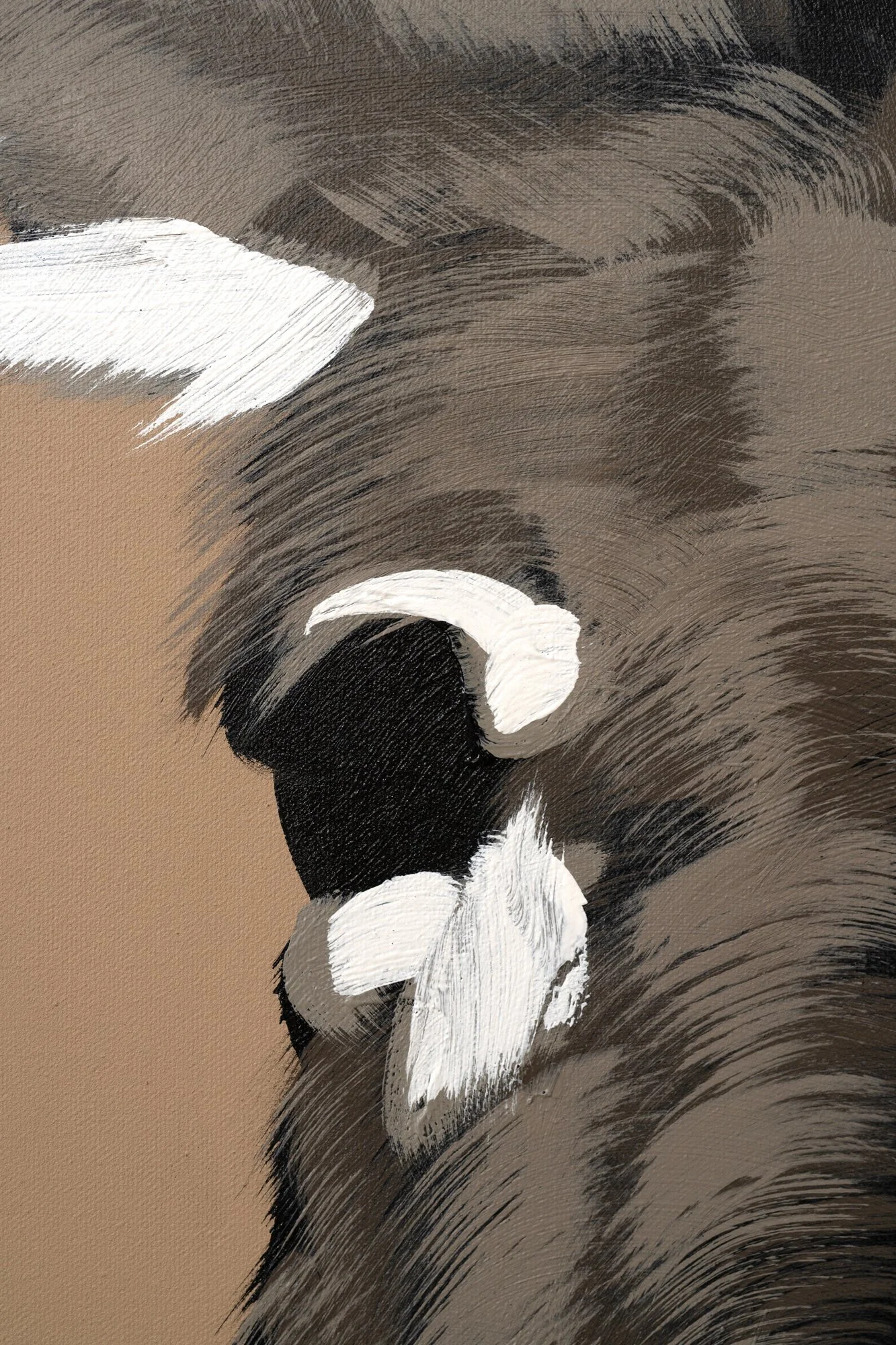 Contemporary figurative painting of a donkey with gestural brushstrokes and warm backdrop cropped in on the donkey's face by Josh Brown.