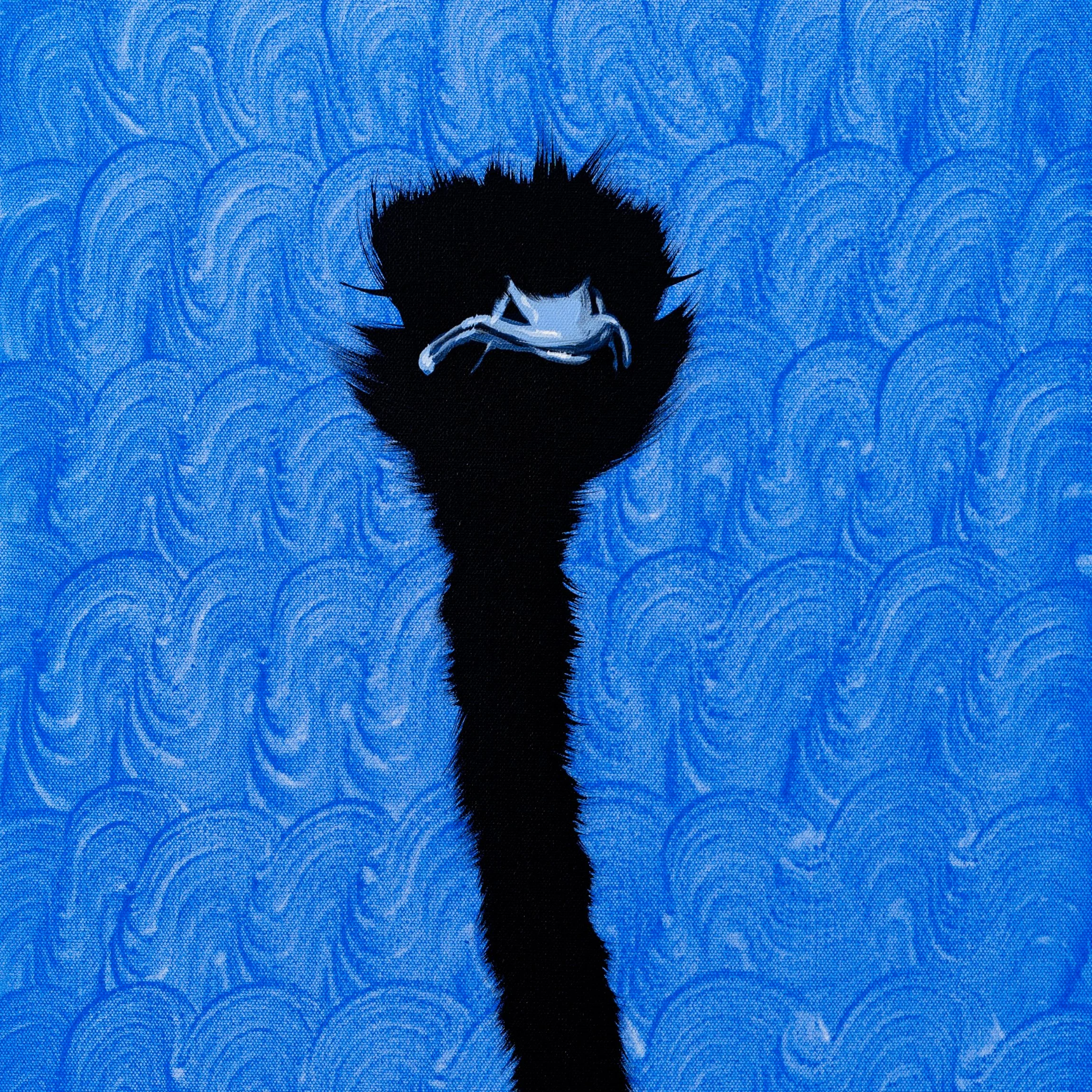 Original acrylic painting of one ostrich on a blue background with a blue beak and washes of ultramarine. Contemporary wildlife fine art created with archival materials for collectors seeking modern statement pieces.