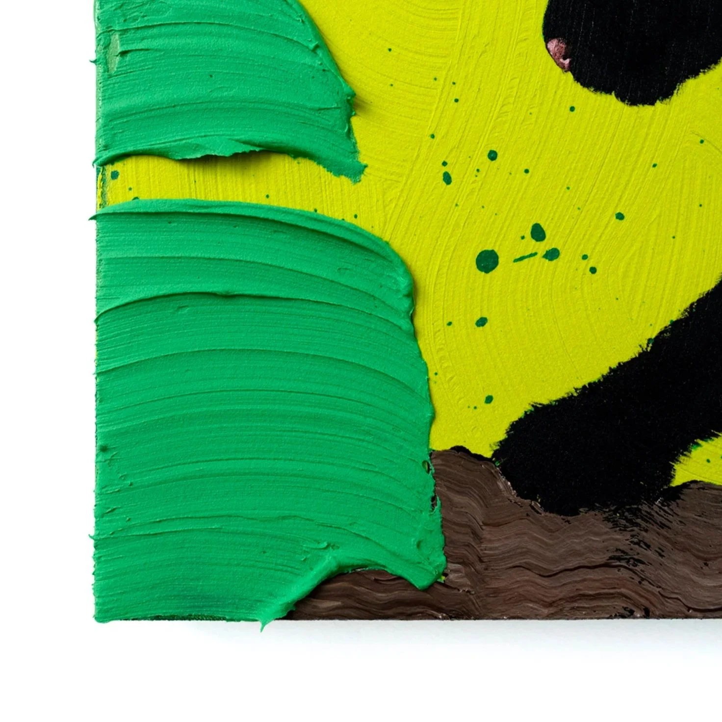 Close-up of a contemporary jungle painting showing a black panther perched on a branch against a vivid yellow background by Josh Brown.